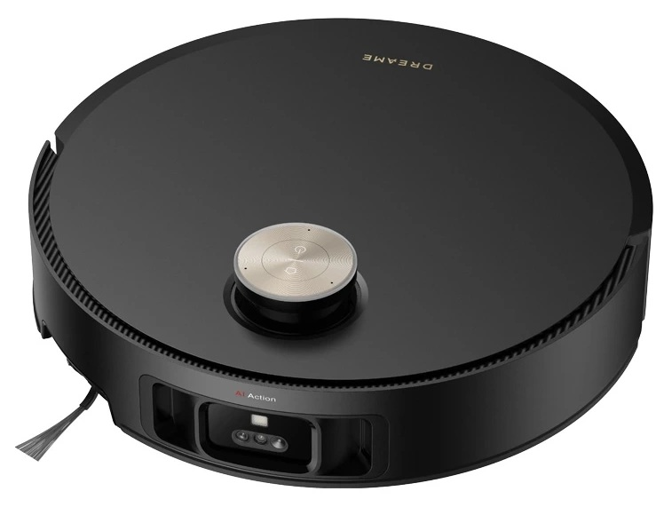 Czarny odkurzacz automatyczny, widok z góry. Okrągły z centralnym przyciskiem. Czarne tło.