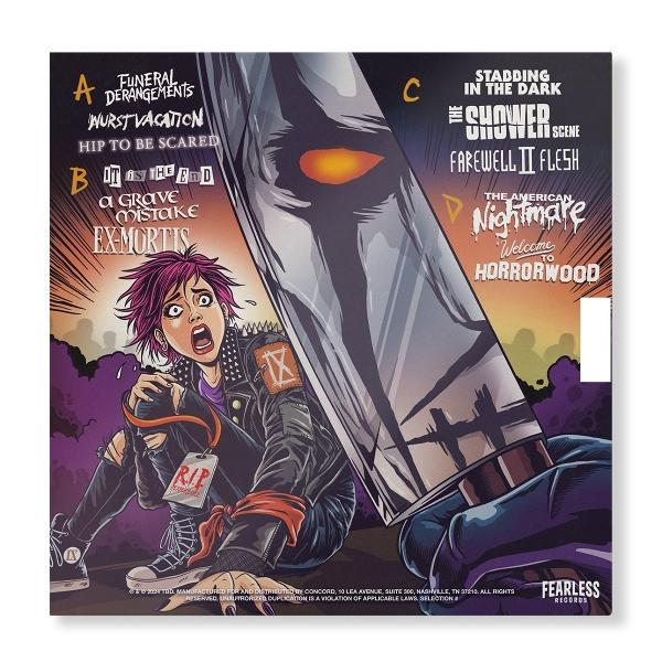 Pochette d'album avec une personne effrayée et un couteau. Le texte comprend des titres de chansons et le logo Fearless Records.