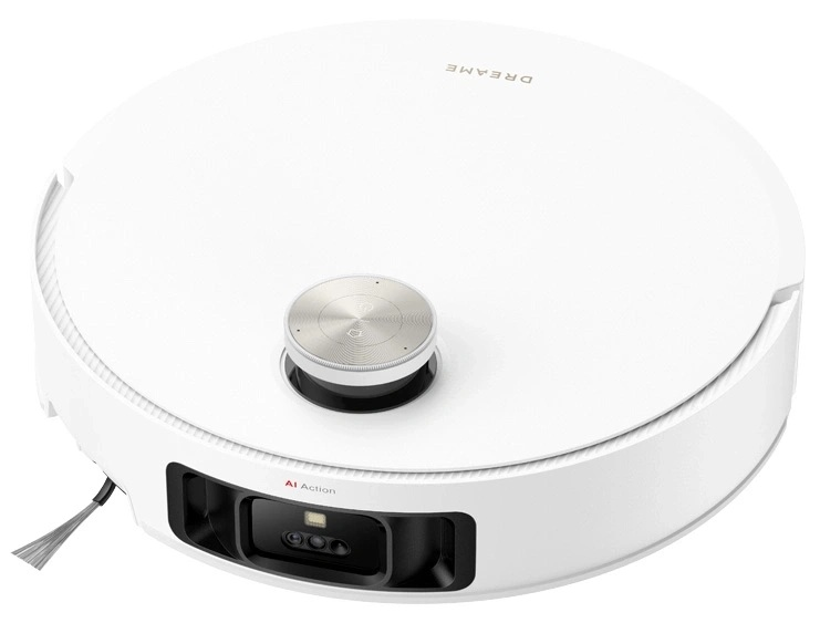 Biały robot odkurzający. Jest okrągły z panelem sterowania na górze.