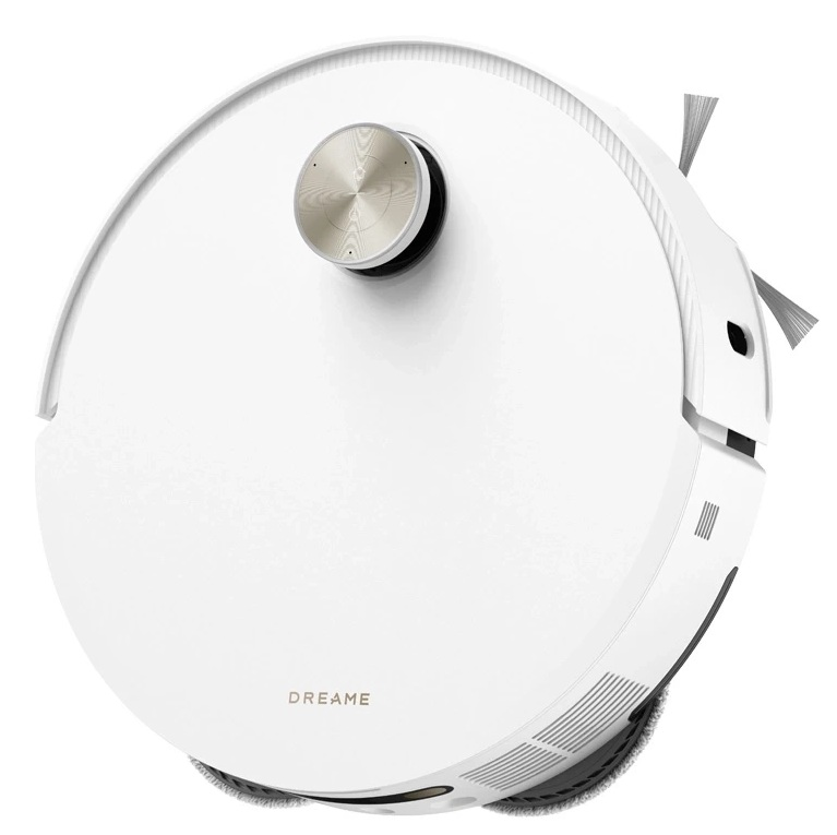 Biały odkurzacz automatyczny z srebrnym pokrętłem. Z przodu napis 'DREAME'.