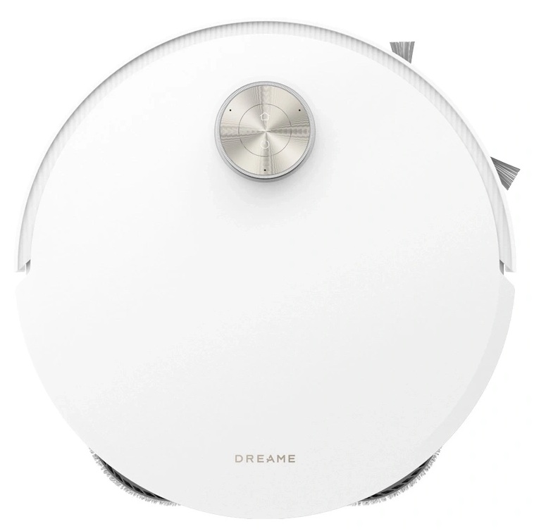 Biały, okrągły odkurzacz robot z srebrnym przyciskiem.