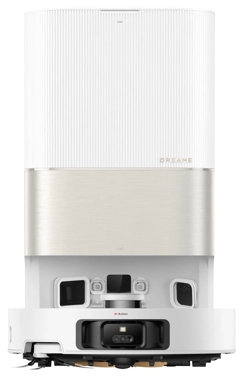 Biało-srebrny odkurzacz robot z czarną kamerą.