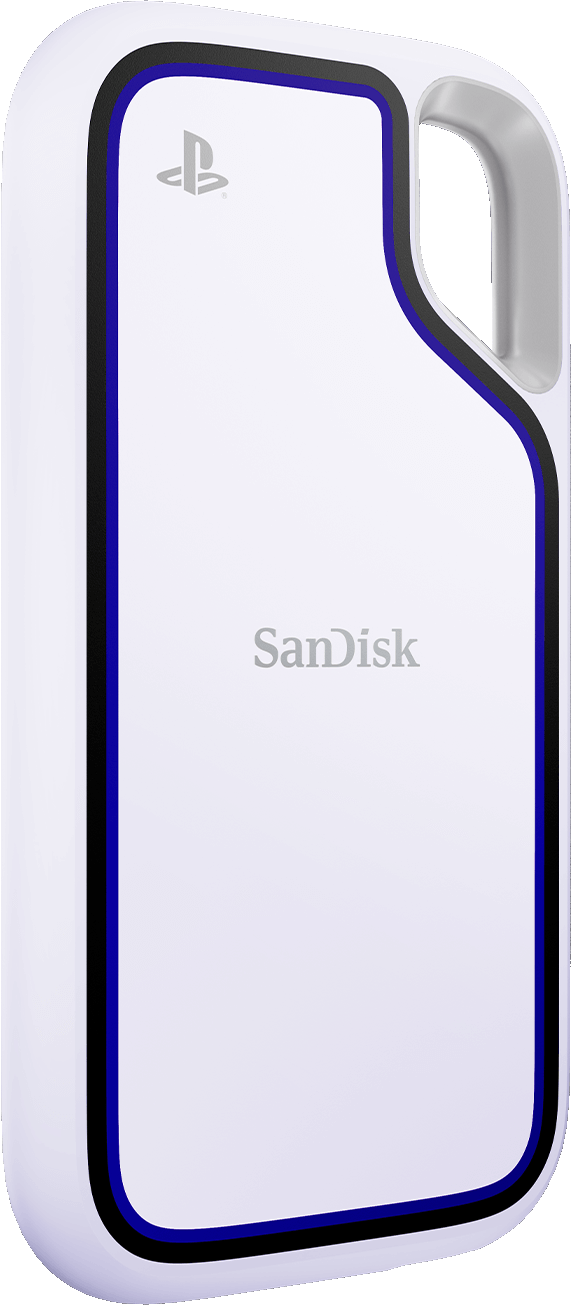 Eine weiße und blaue externe Festplatte von Sandisk mit dem Playstation-Logo.