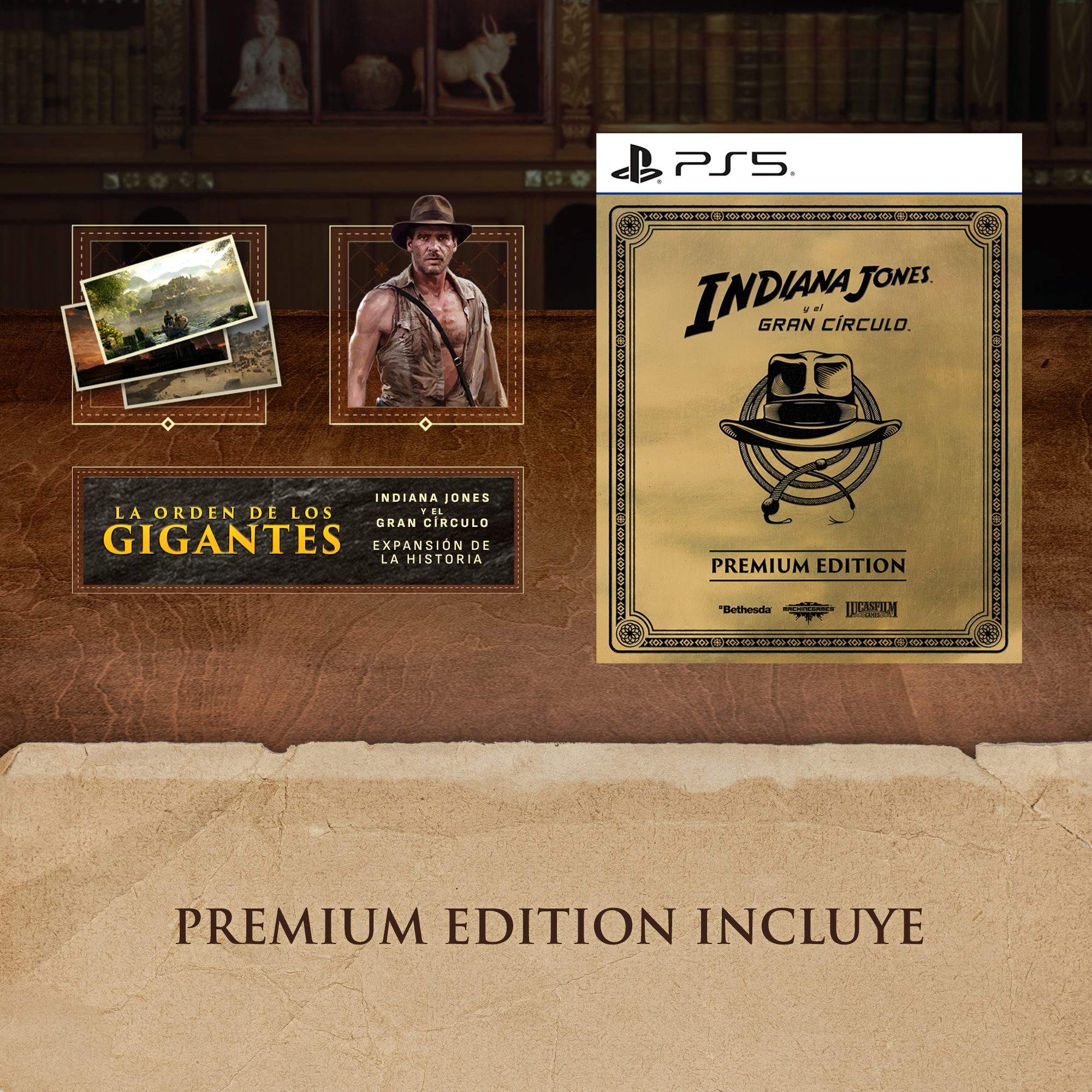 Caja del juego de Indiana Jones con un sombrero y texto en la parte delantera, y obras de arte del personaje y escenas.