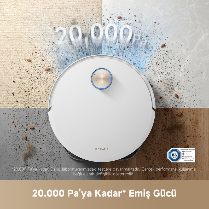 Dağılmış enkazlı bir zeminde beyaz bir robot süpürge. Üstteki metin 20.000 Pa yazıyor.