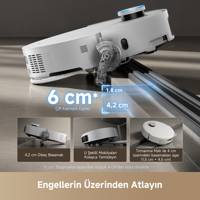 Zeminde beyaz bir robot süpürge, boyutları gösteren diyagramlarla.