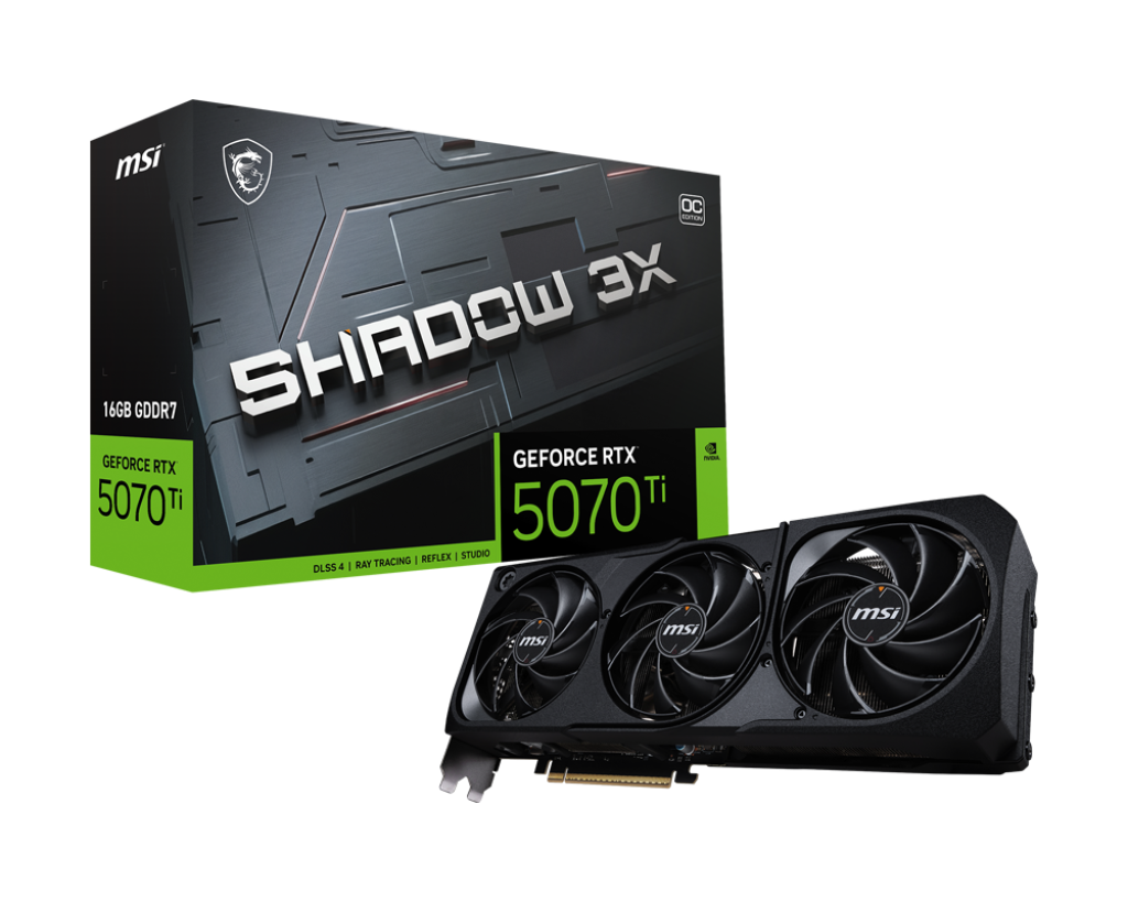 Siyah arka planda MSI GeForce RTX 5070 Ti grafik kartı ve kutusu.