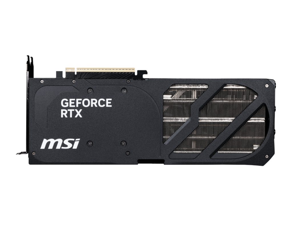 Siyah bir arka planda 'GEFORCE RTX' ve 'msi' yazılı siyah bir grafik kartı.