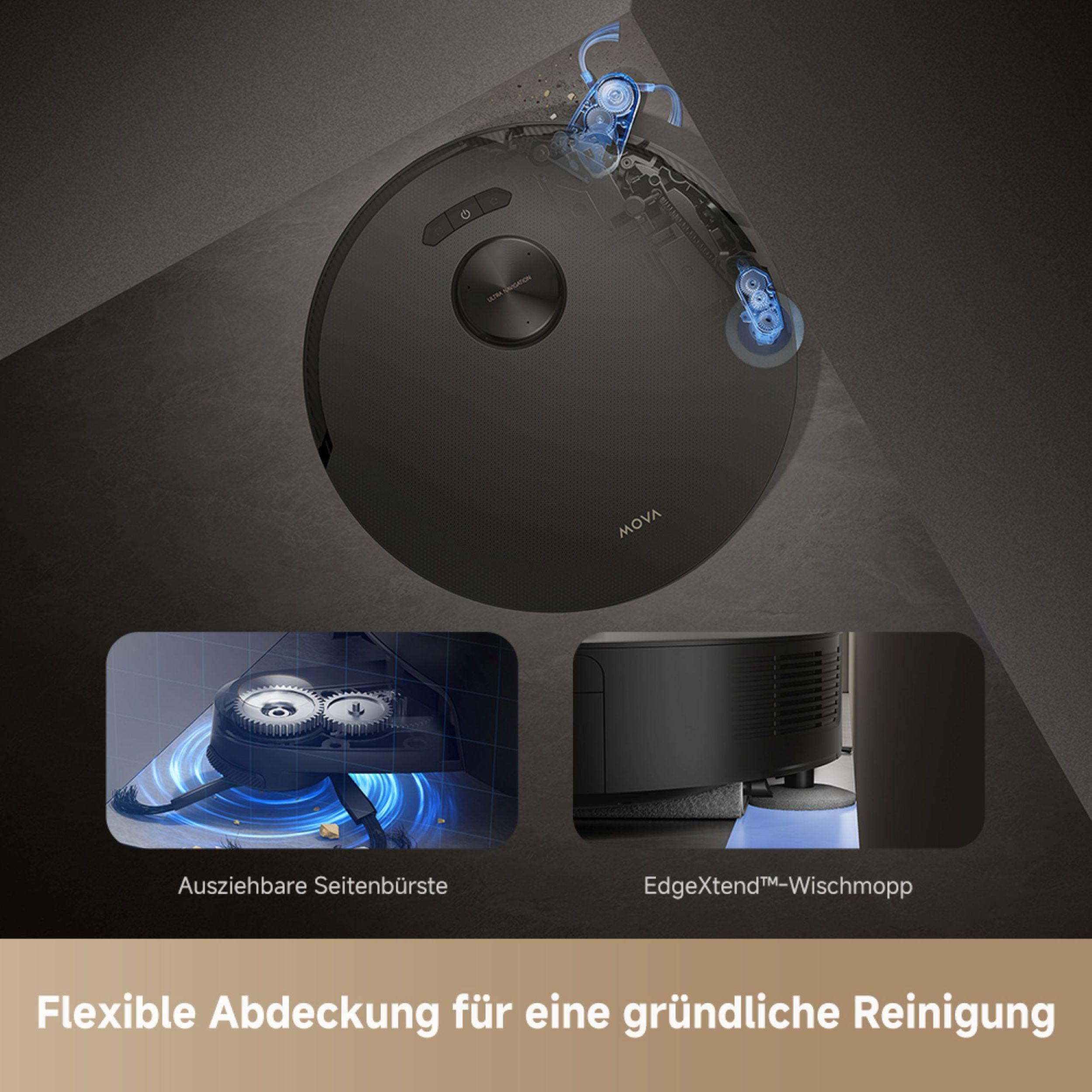 Ein schwarzer Roboter-Staubsauger mit hervorgehobenen Komponenten.