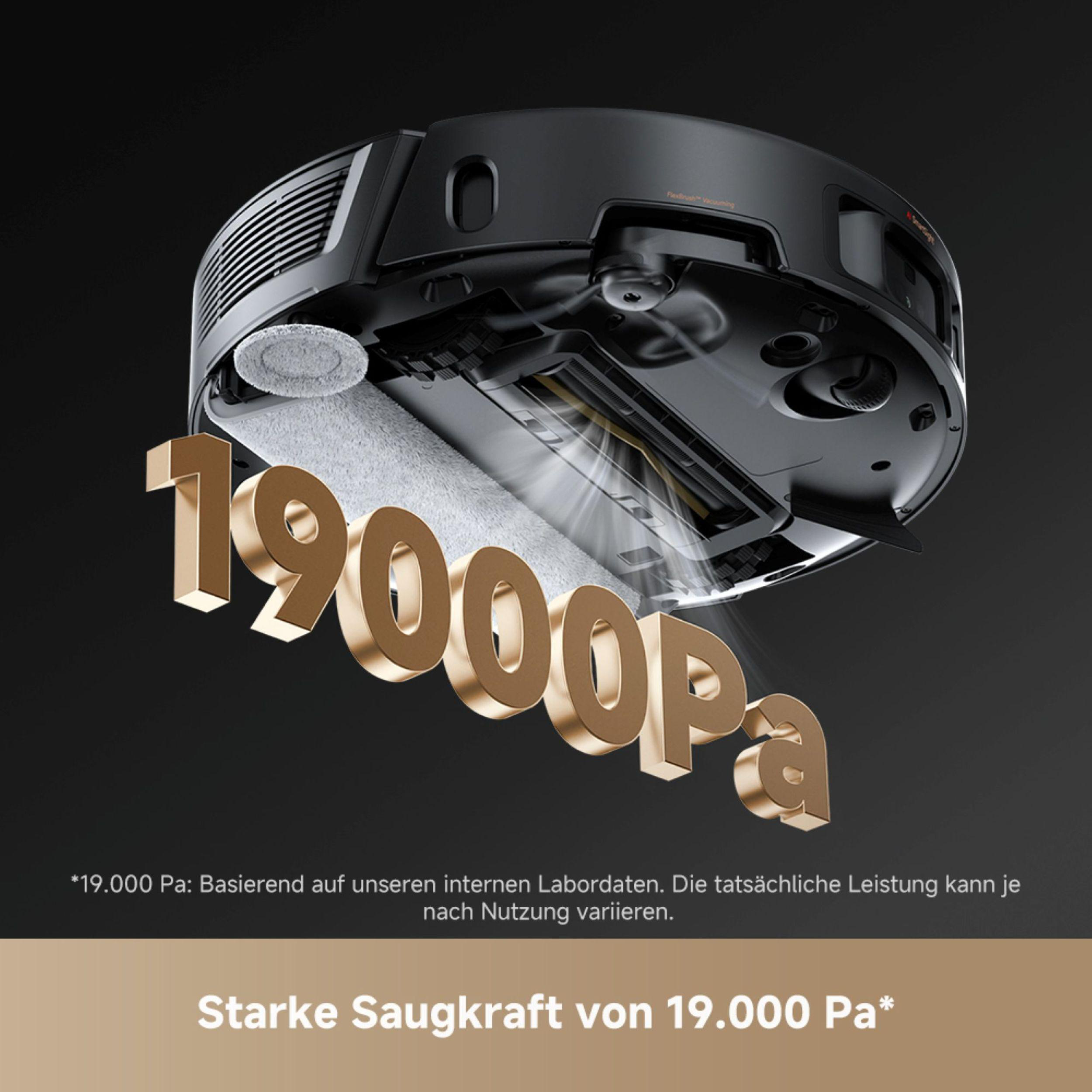 Ein schwarzer Staubsauger mit dem Text '19000Pa' in Gold. Der Hintergrund ist ein dunkler Farbverlauf.