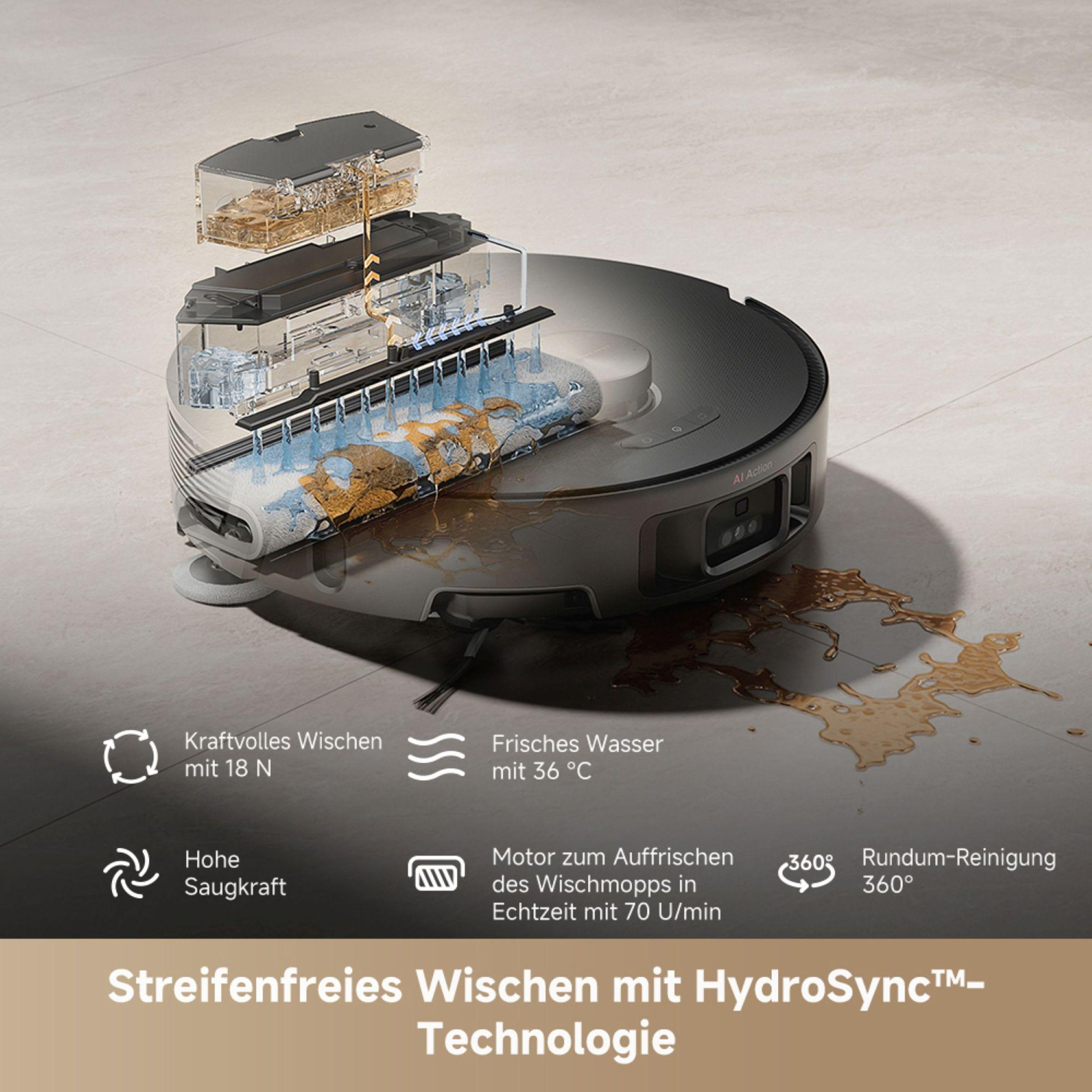 Roboter-Staubsauger mit Wasserspray. Text zeigt Reinigung, Wasserspray und Saugkraft.