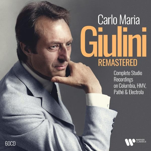 Albumcover von Carlo Maria Giulini, ein Mann im Anzug, der nach links schaut, mit orangefarbenem Text überlagert.