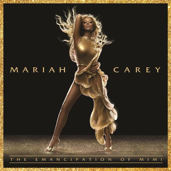 Mariah Carey Albumcover. Sie trägt ein goldenes Kleid und posiert vor einem goldenen Glitzerhintergrund.