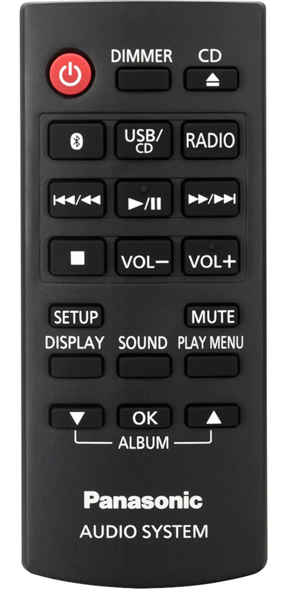 Czarny pilot z przyciskami zasilania, CD, głośności i innymi funkcjami.