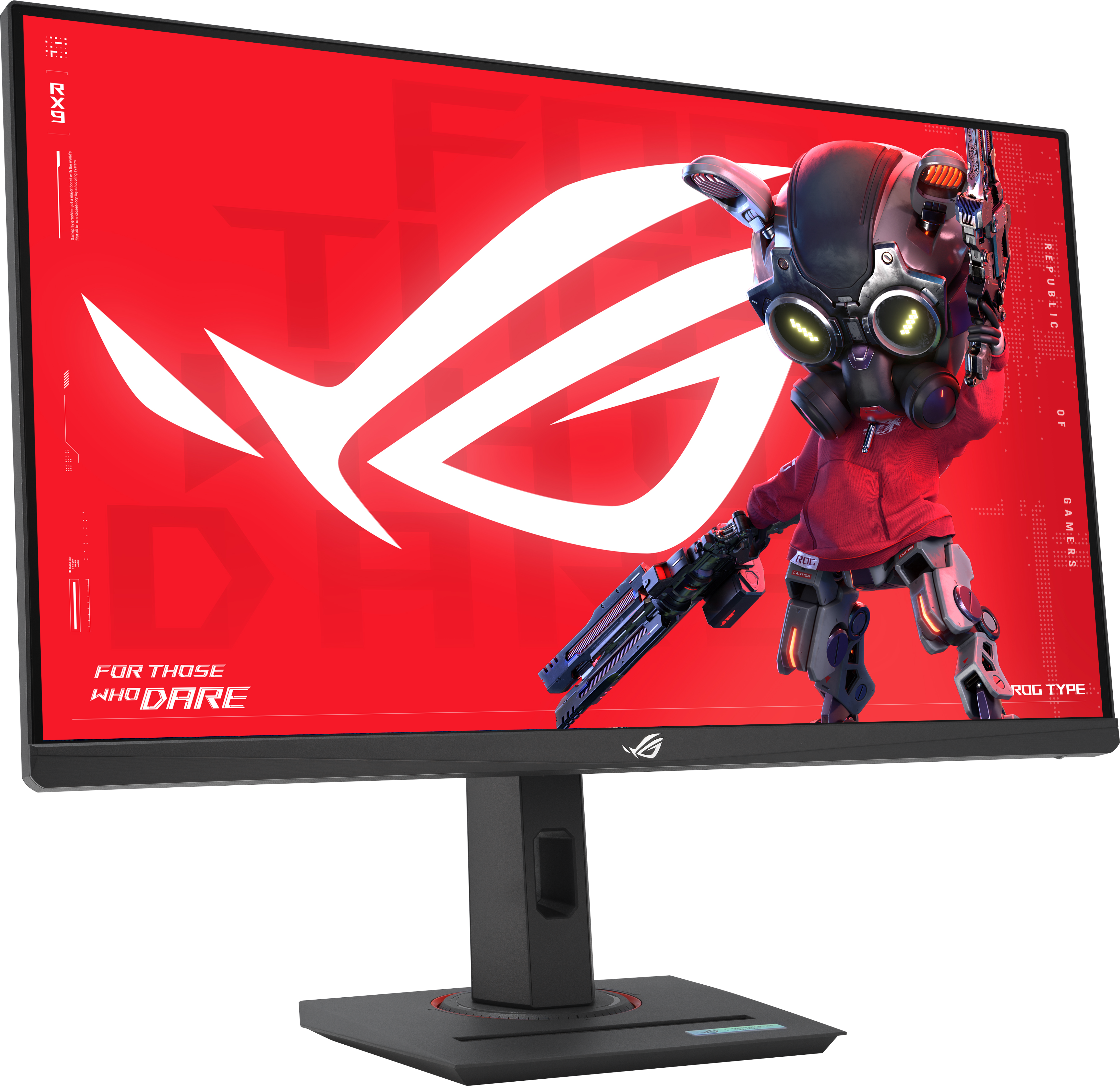 Ein Gaming-Monitor zeigt eine Figur auf rotem Hintergrund. Der Monitor steht auf einem Ständer.