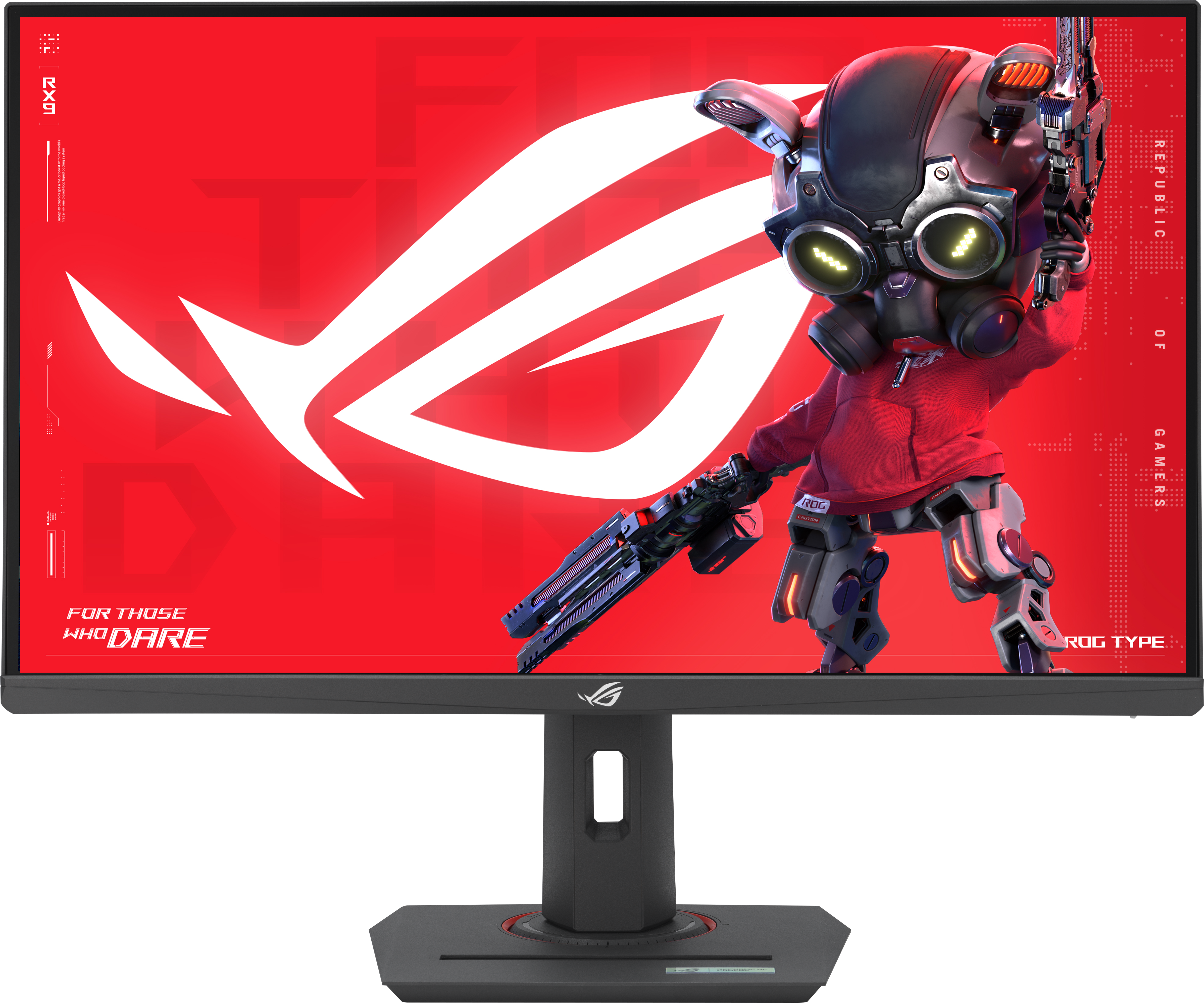 Gaming-Monitor mit einem Cartoon-Roboter auf rotem Hintergrund, mit dem Text ROG.