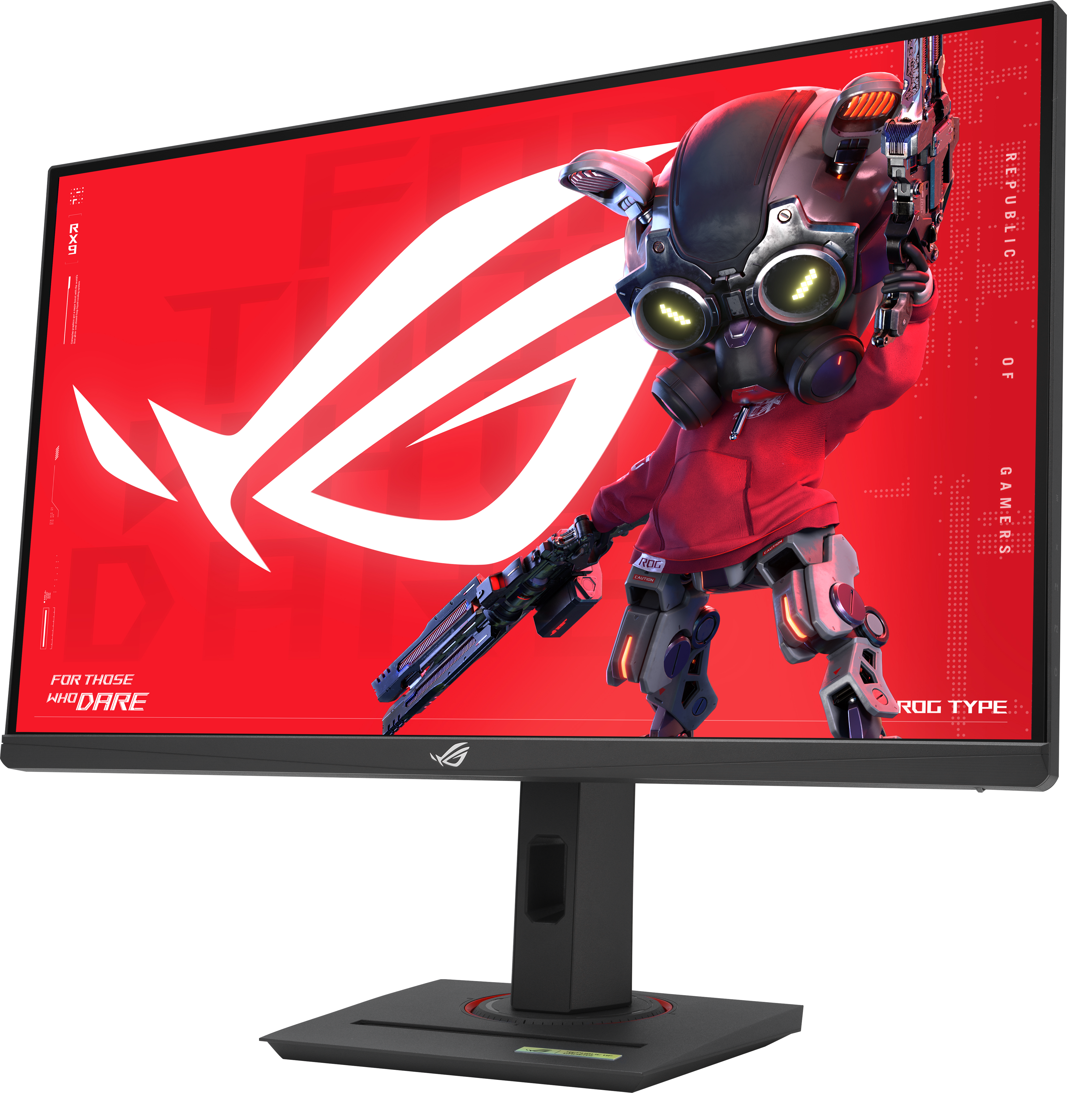 Gaming-Monitor, der eine Cyborg-Figur mit rotem ROG-Branding anzeigt.