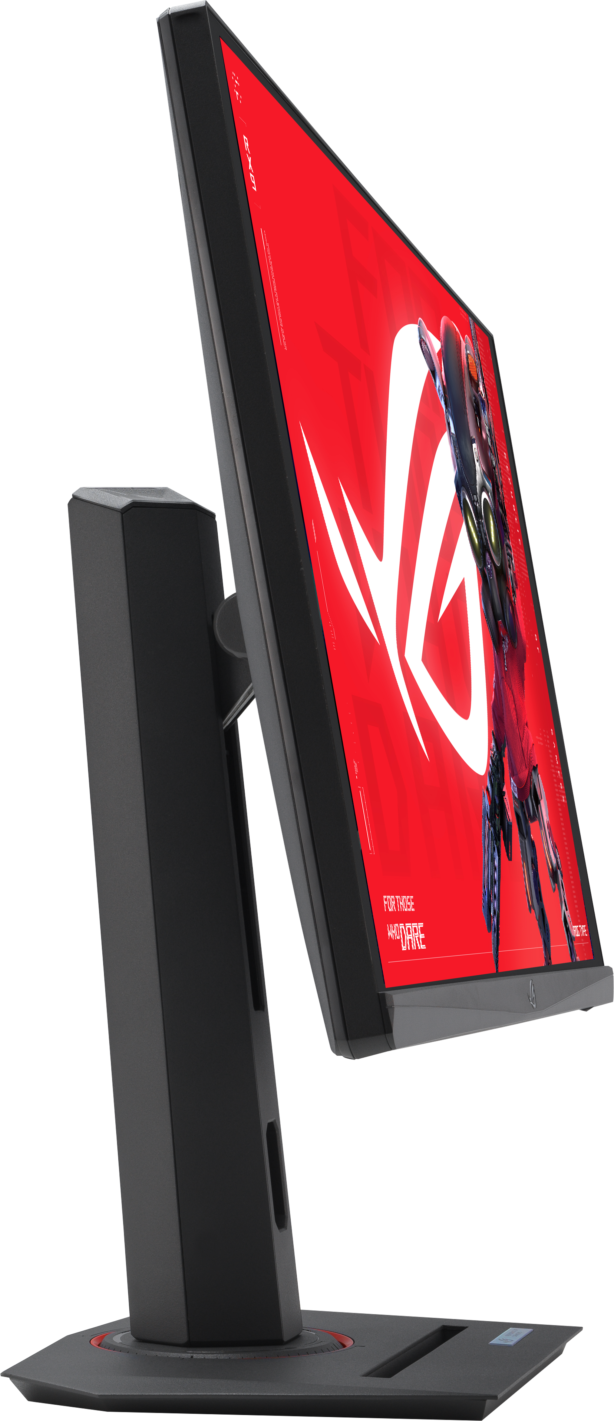 Ein schwarzer Gaming-Monitor mit rotem Bildschirm, der eine Spielszene zeigt.