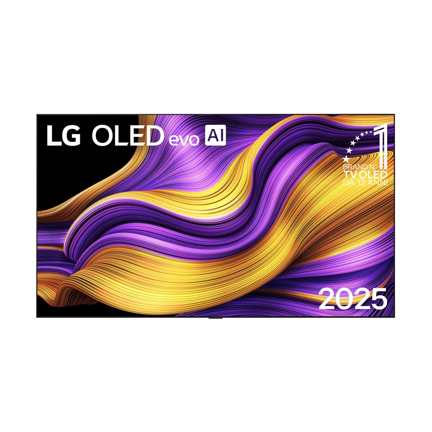 Un TV LG OLED evo AI che mostra arte astratta colorata e fluida su sfondo nero.