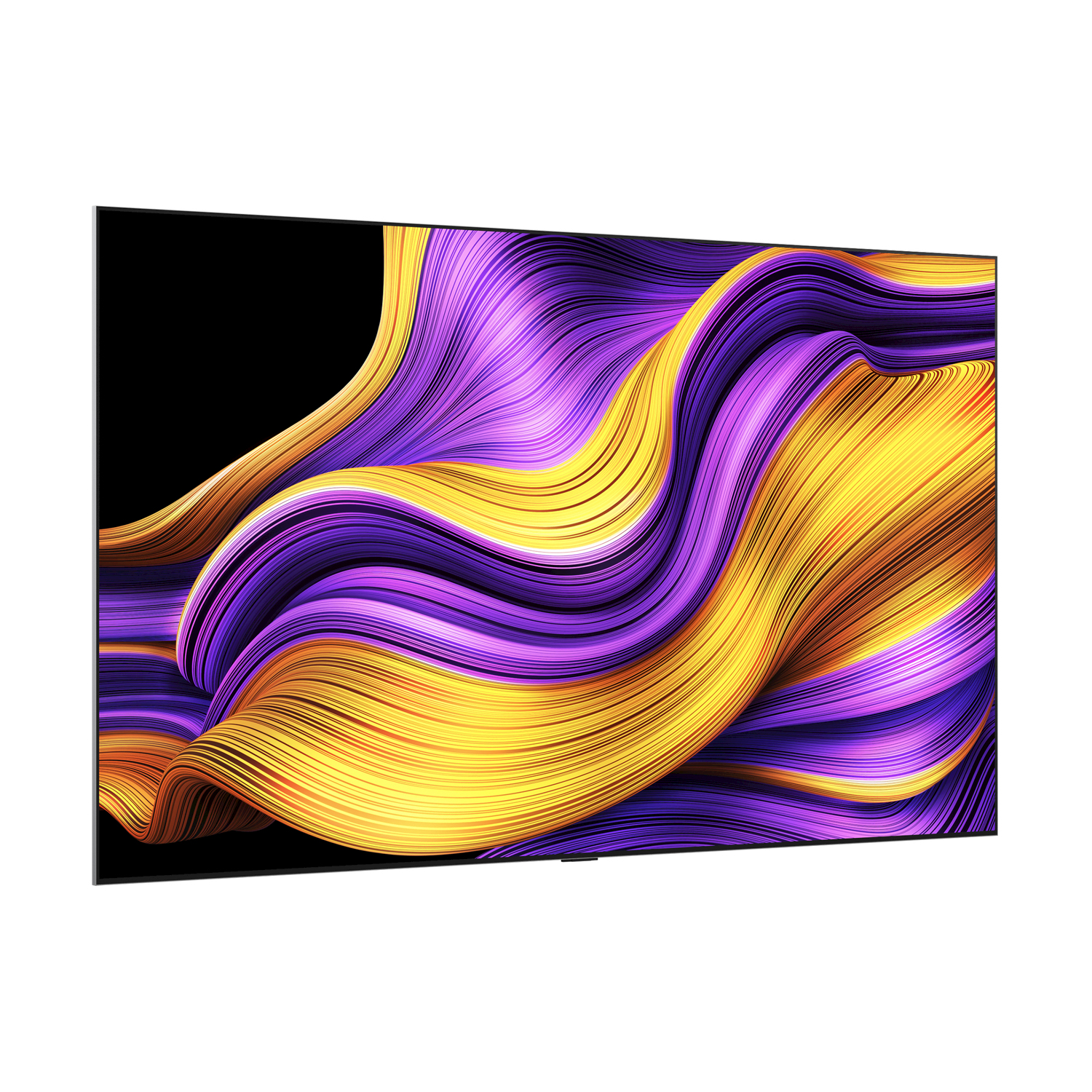 Un grande schermo TV con linee astratte viola e gialle su sfondo nero.