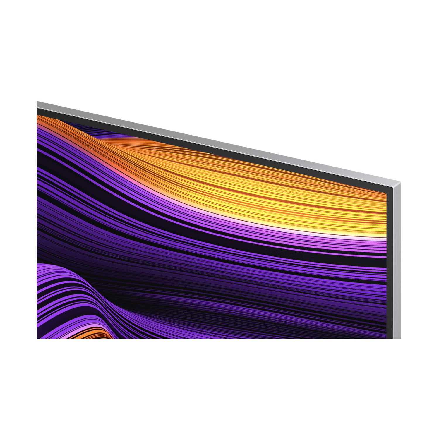 Primo piano di uno schermo TV con motivo ondulato colorato. Cornice argentata.