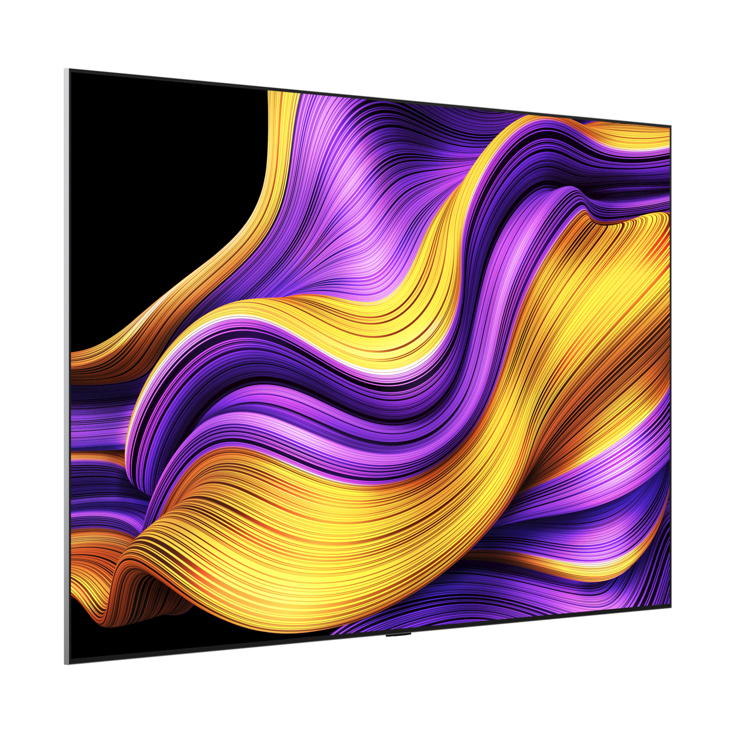 TV con design astratto colorato e ondulato sullo schermo, montato a parete.