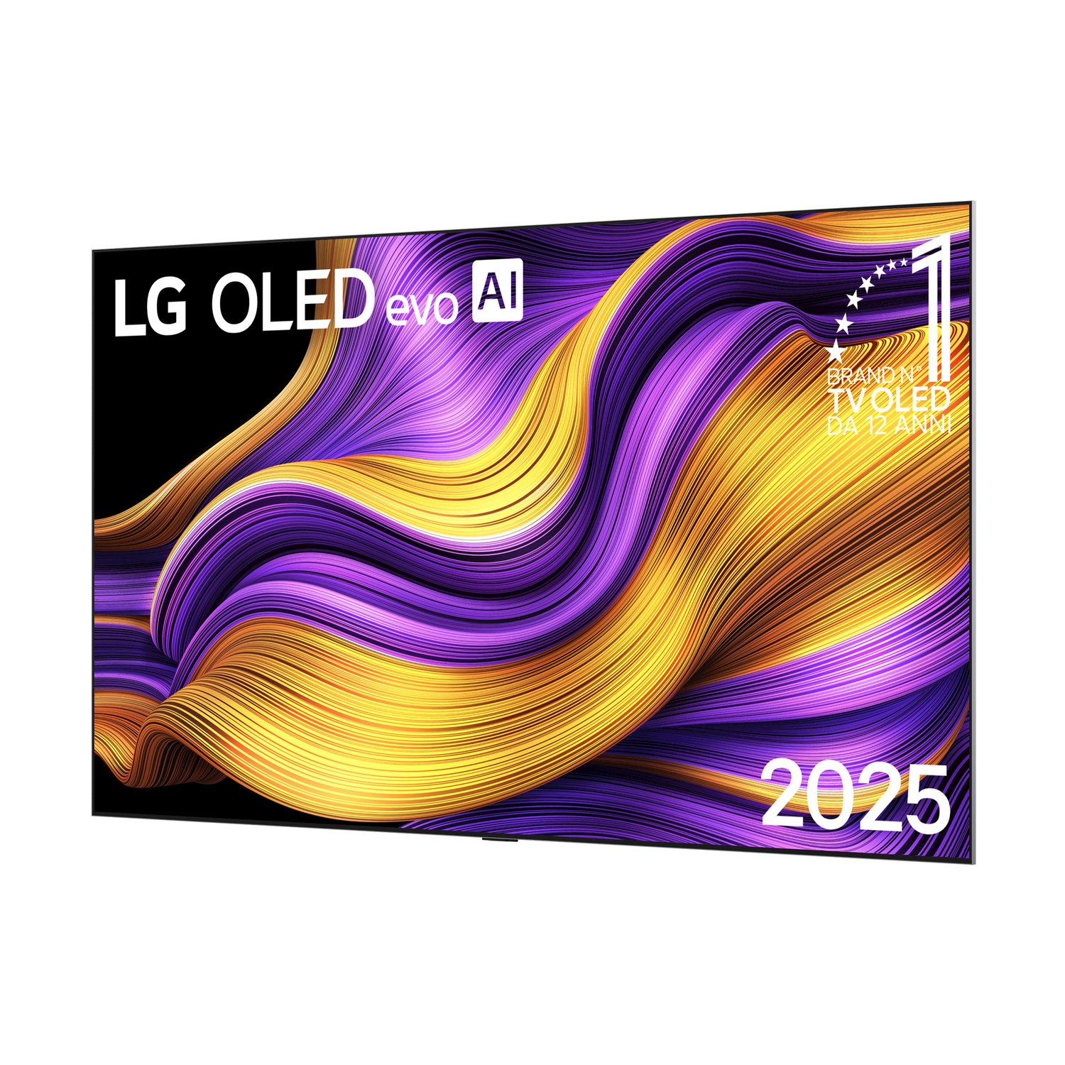 Un televisore LG OLED evo che mostra un'immagine astratta con linee fluenti viola, gialle e bianche e l'anno 2025.