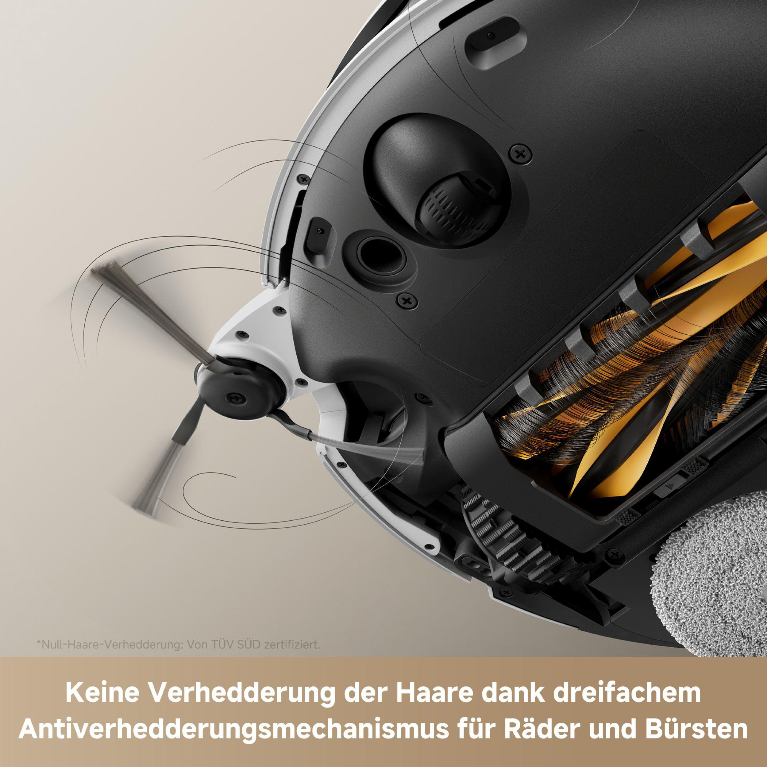 Roboter-Staubsauger mit rotierenden Bürsten und einem Staubbehälter.