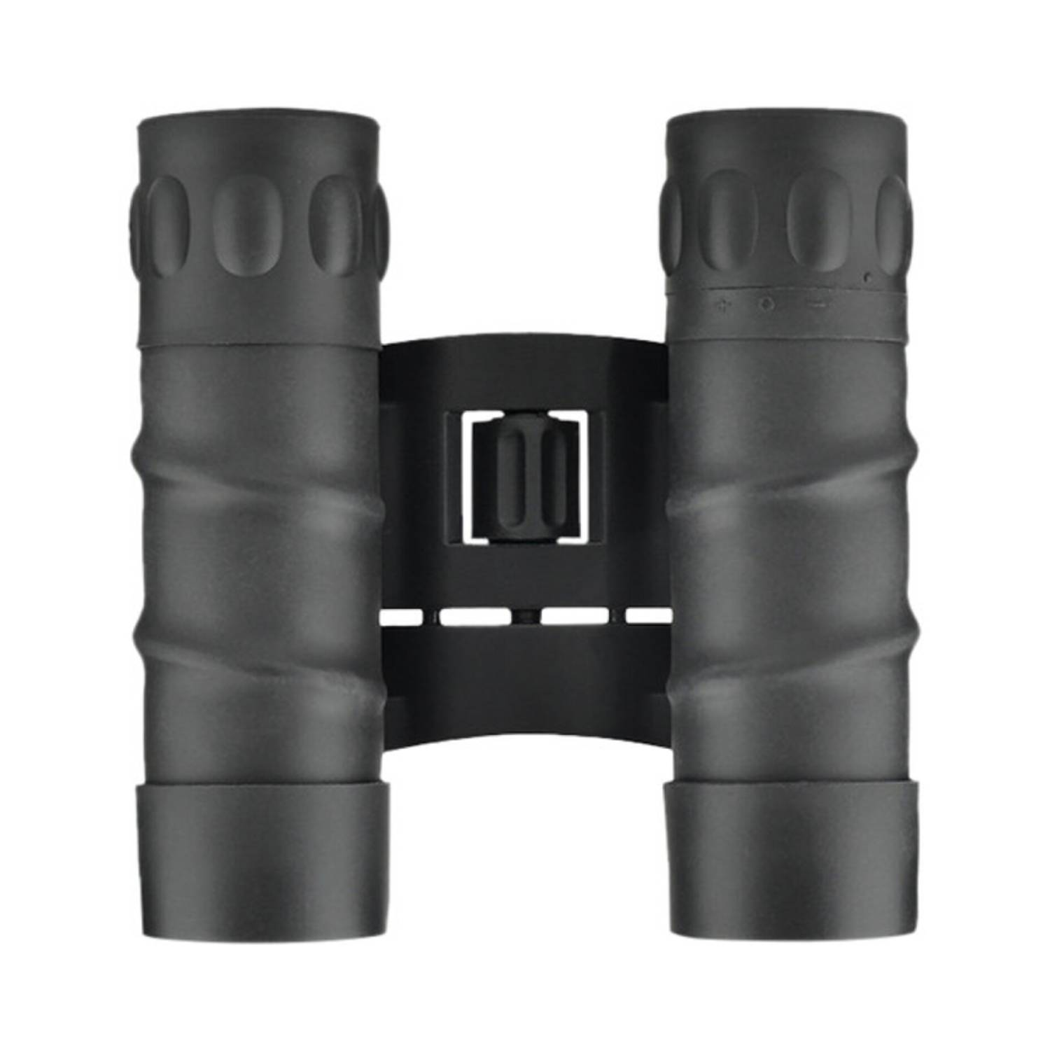 Black binoculars are shown against a white background, with a close-up view of the lenses and bridge.