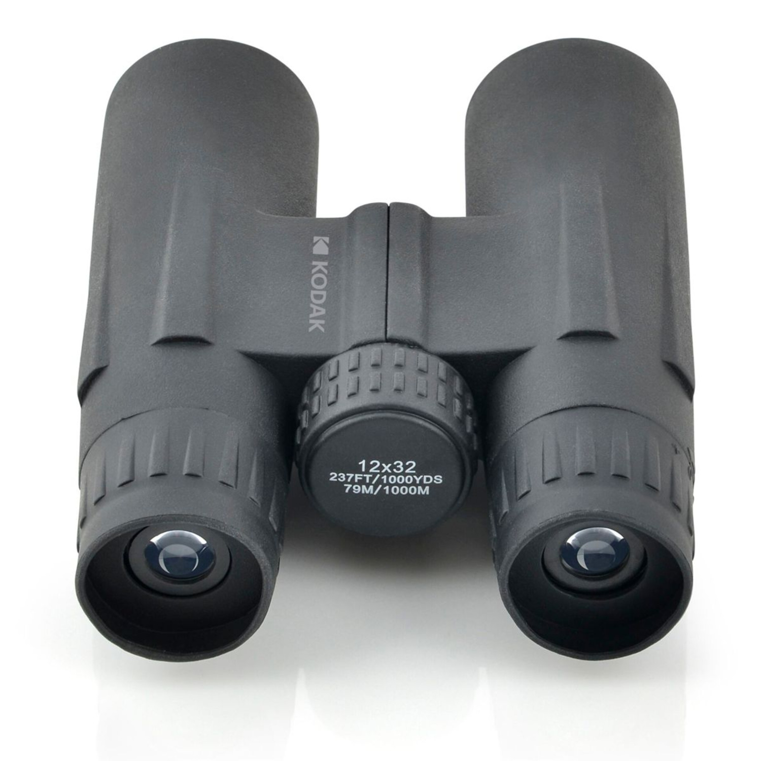 Black binoculars with a central focus wheel. Kodak branding. White background.