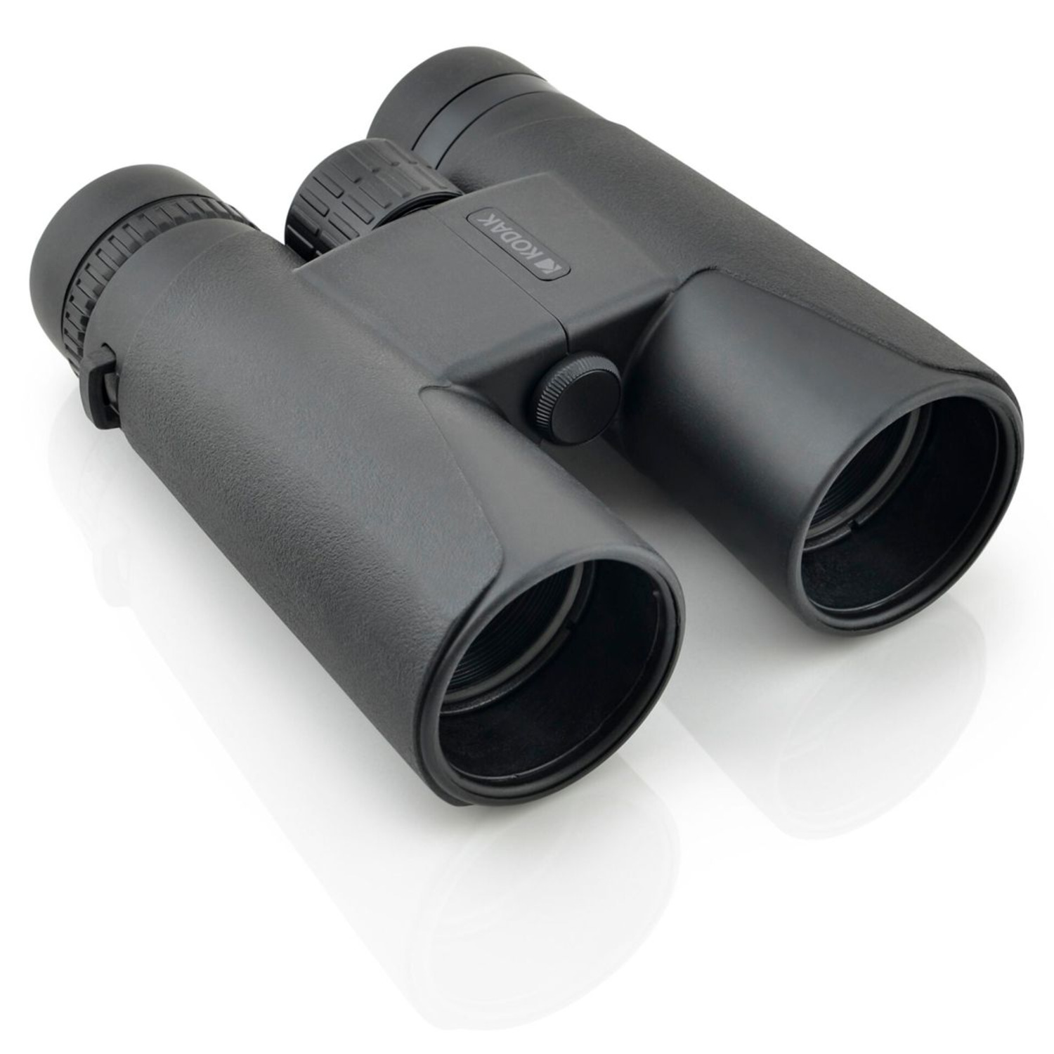 Black Kodak binoculars, angled shot on a white surface, with reflection.