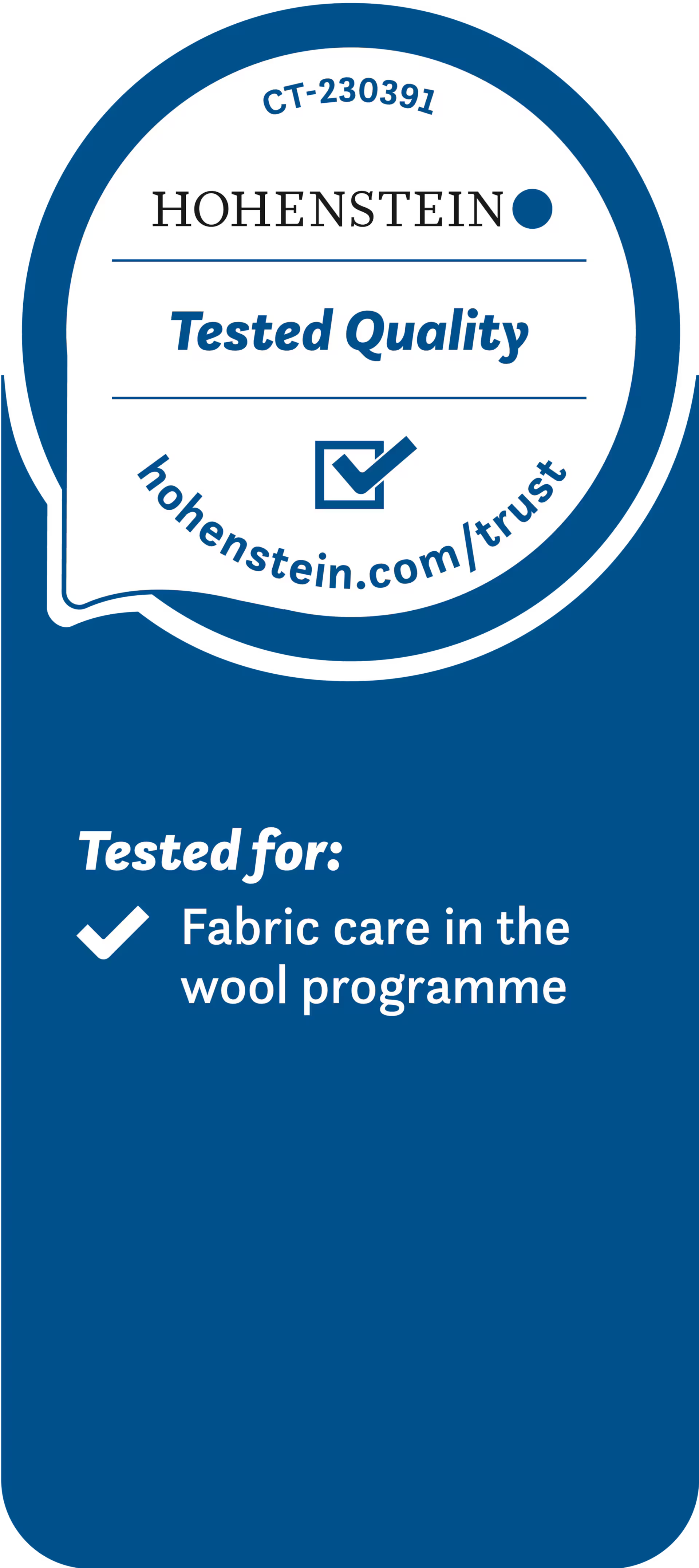 Blau-weißer Hohenstein-Aufkleber, Geprüfte Qualität, Stoffpflege.
