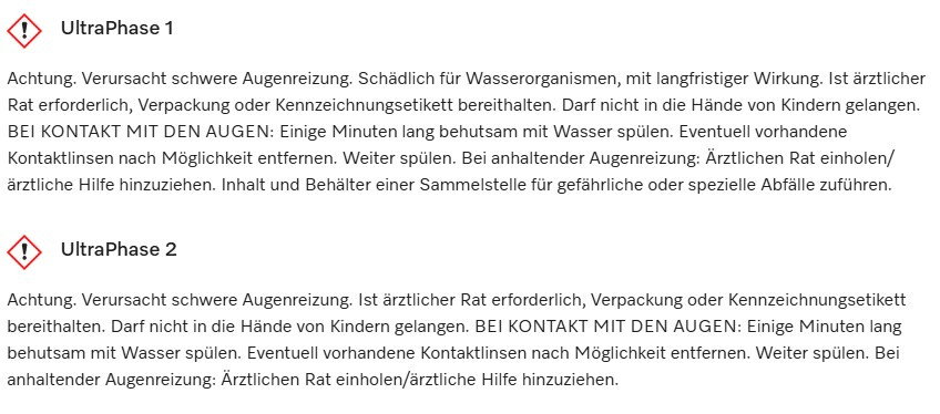 Zwei Seiten deutscher Text mit Warnungen und Anweisungen zu einem Reinigungsprodukt.