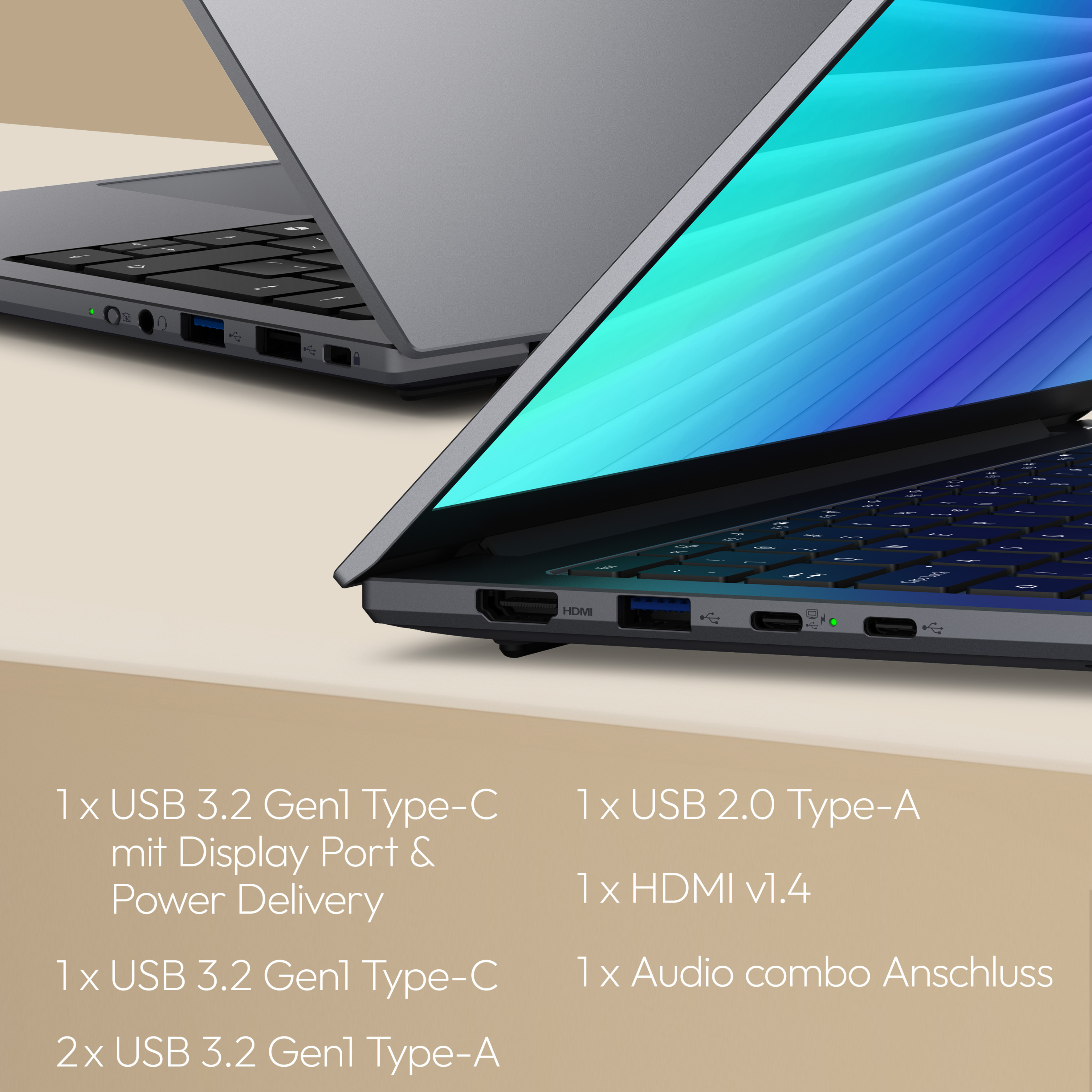Nahaufnahme von Laptop-Anschlüssen mit Beschriftungen.