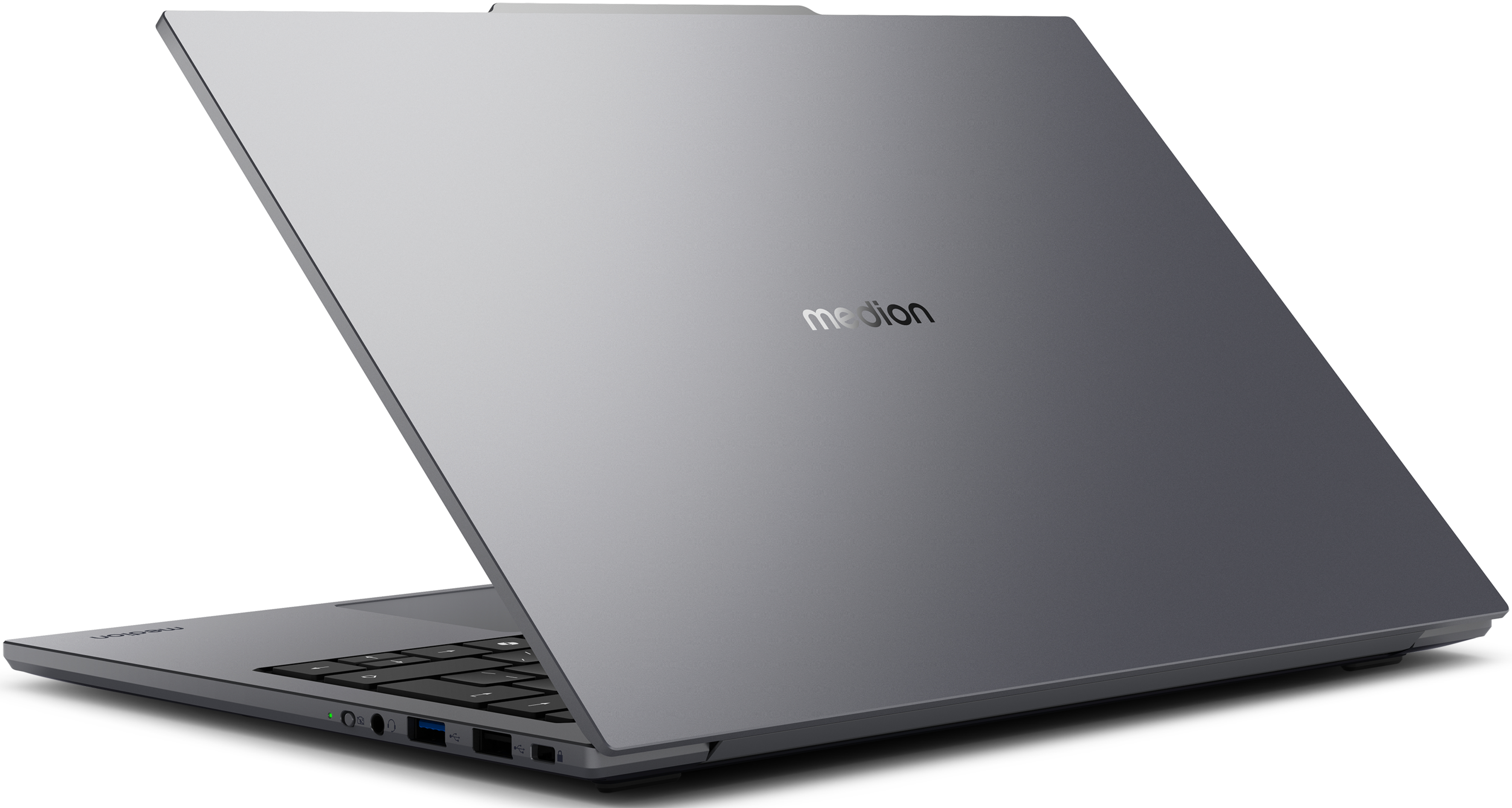 Medion Laptop, silber, teilweise geöffnet, Tastatur und Bildschirm zeigend.