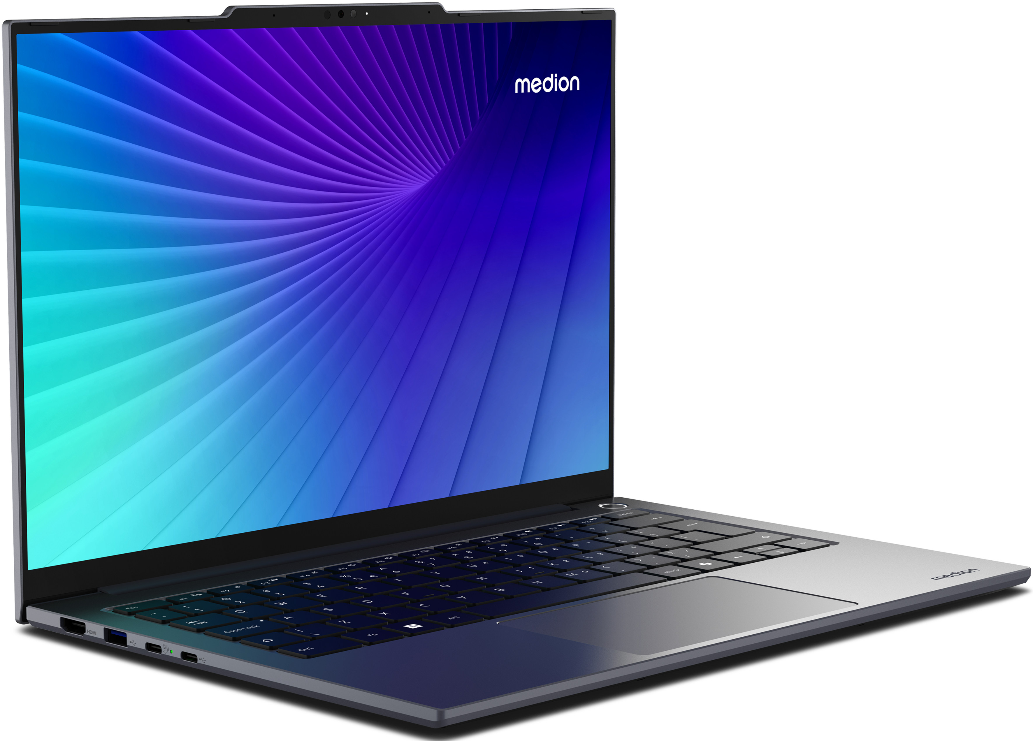 Ein Laptop mit einem blau-violetten Bildschirm auf weißem Hintergrund.