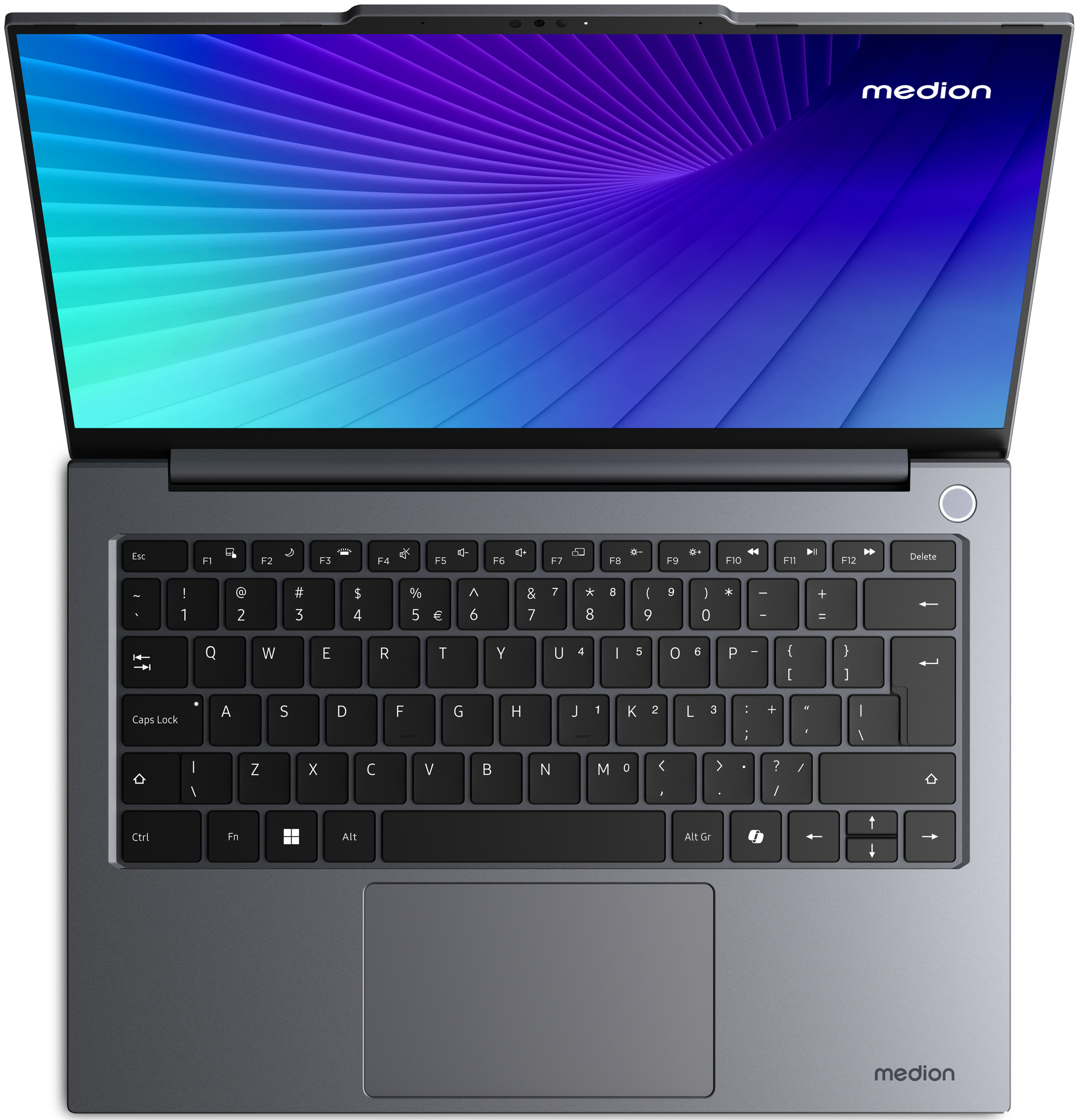 Ein geöffneter Laptop mit blau-lila Bildschirm und Tastatur, Marke Medion.