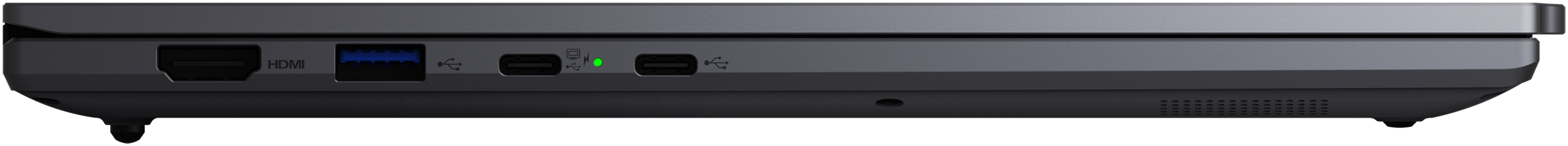 Die Seitenwand eines dunklen Laptops mit HDMI-, USB- und Stromanschlüssen und einem grünen Licht.