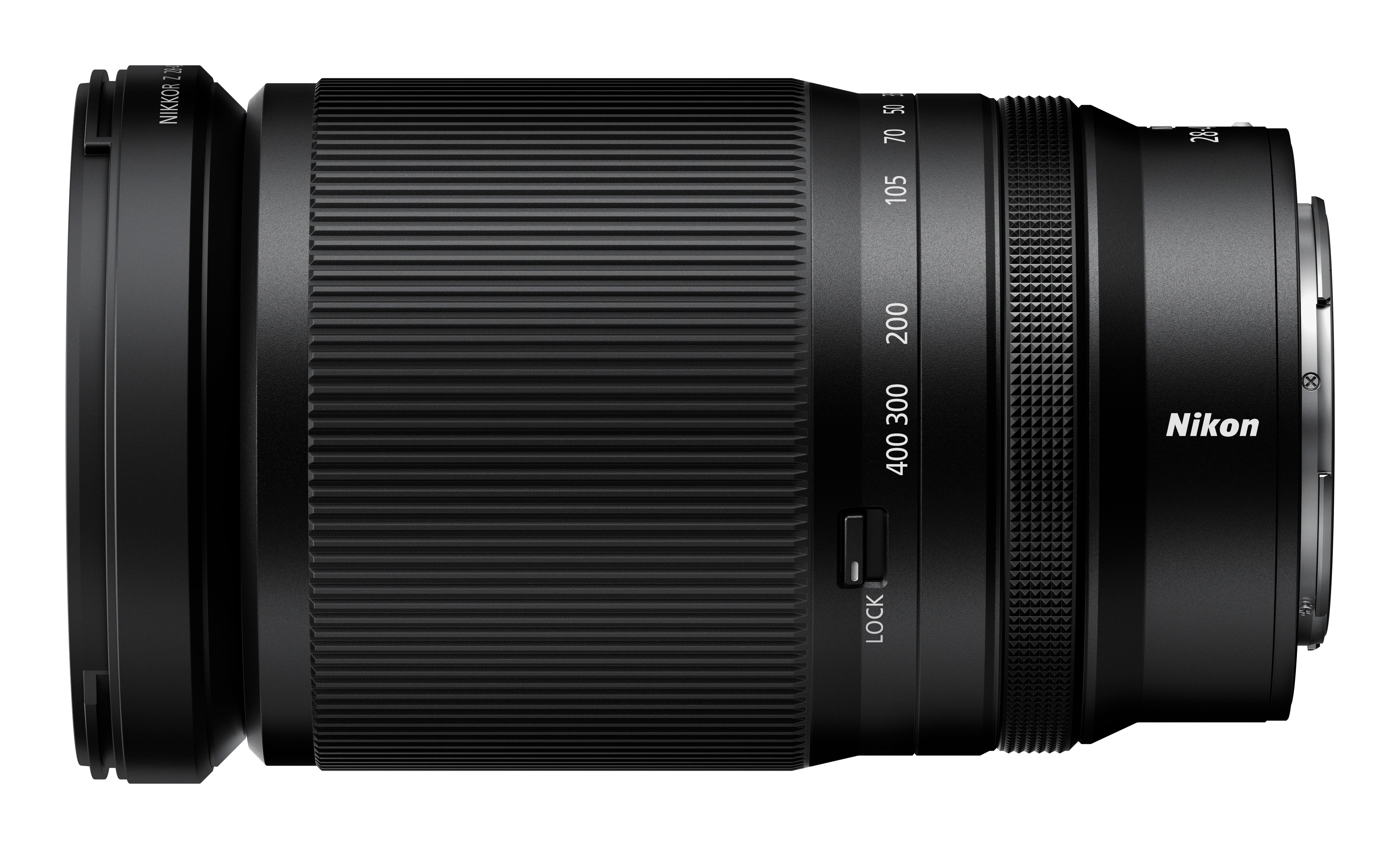 Schwarzes Kameraobjektiv mit Zoommarkierungen und Nikon-Logo.