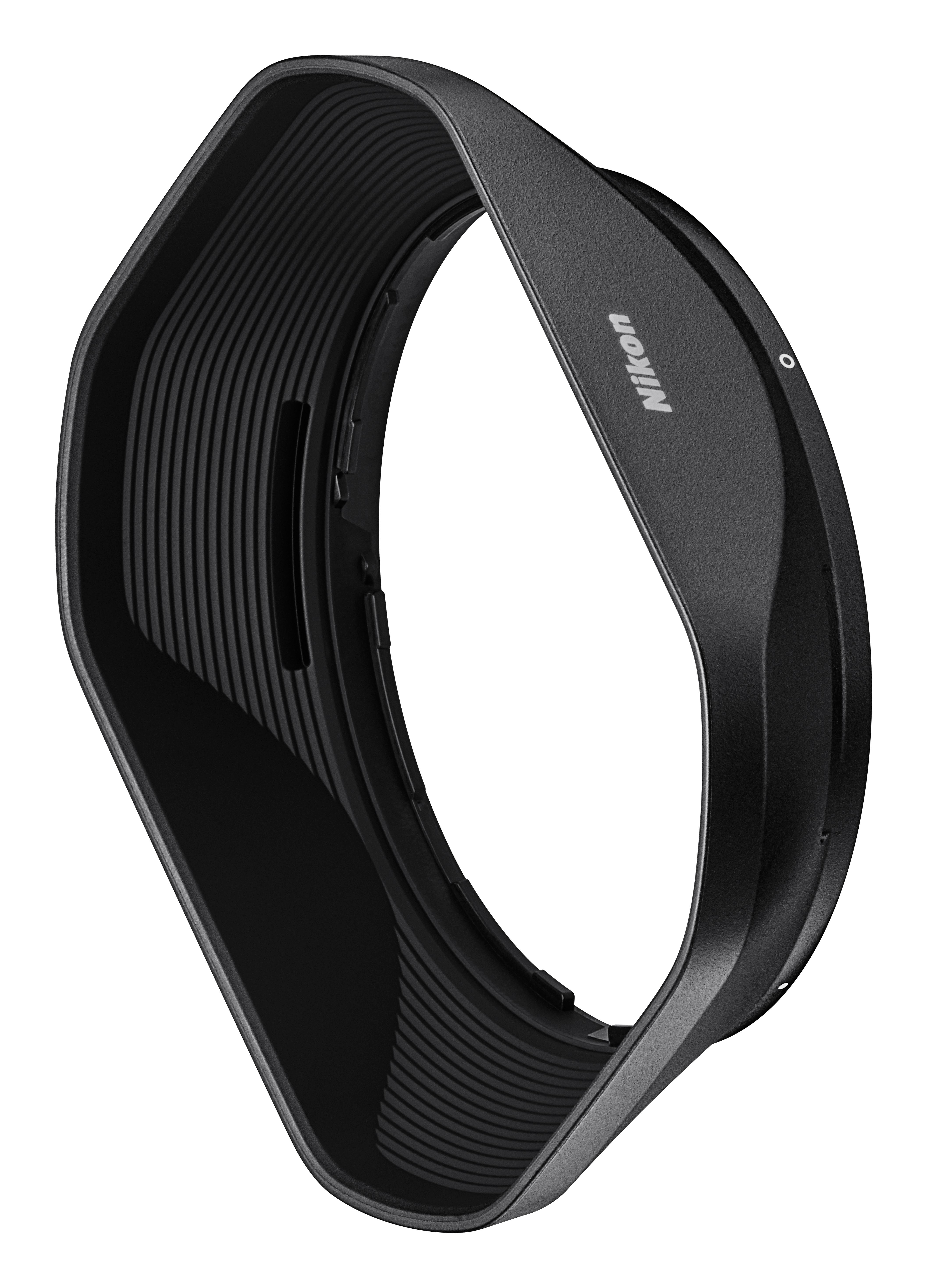 Schwarze Nikon-Sonnenblende mit dem Nikon-Logo.