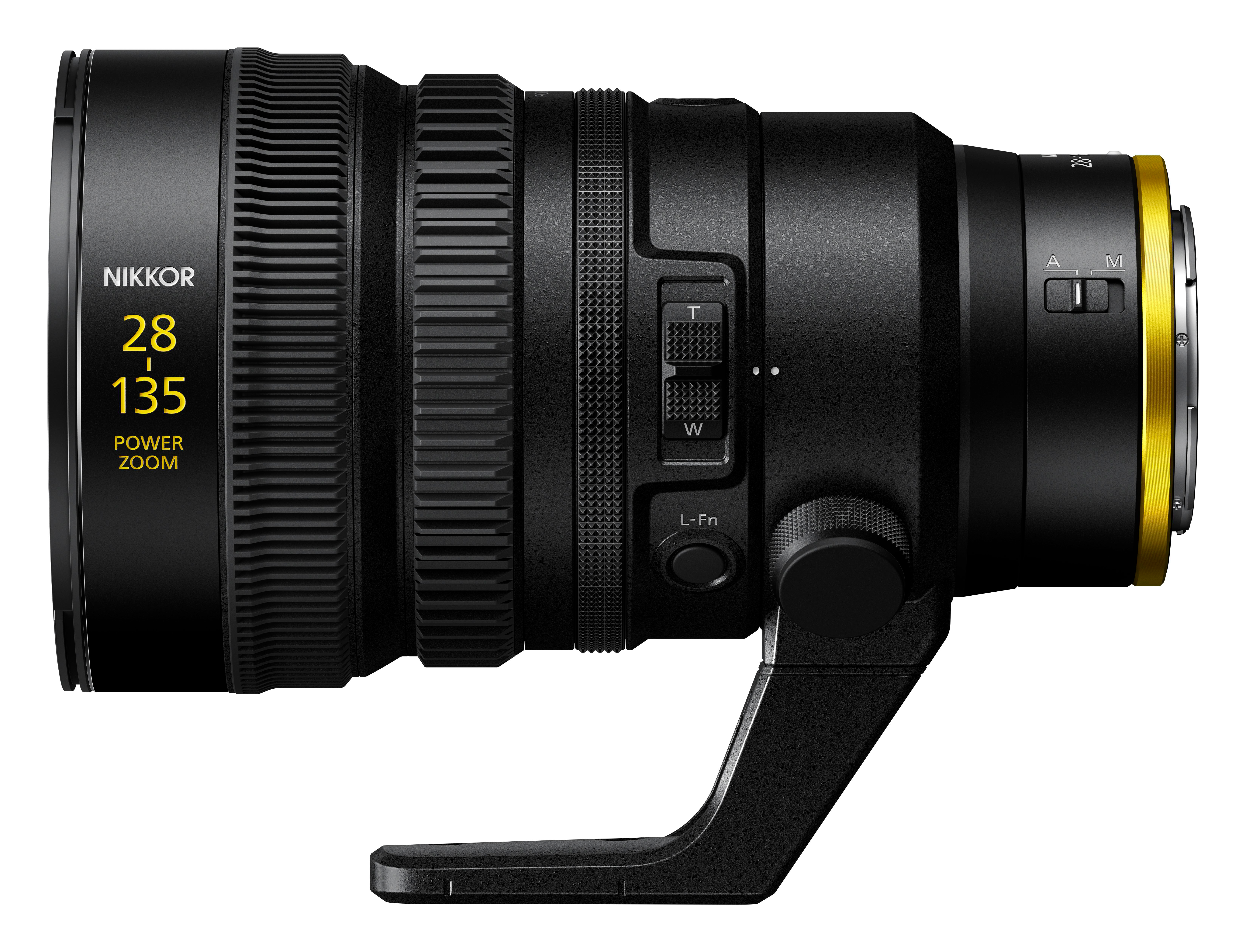 Nikon-Objektiv mit schwarzen und gelben Details. Verfügt über Zoom- und Fokuseinstellringe.
