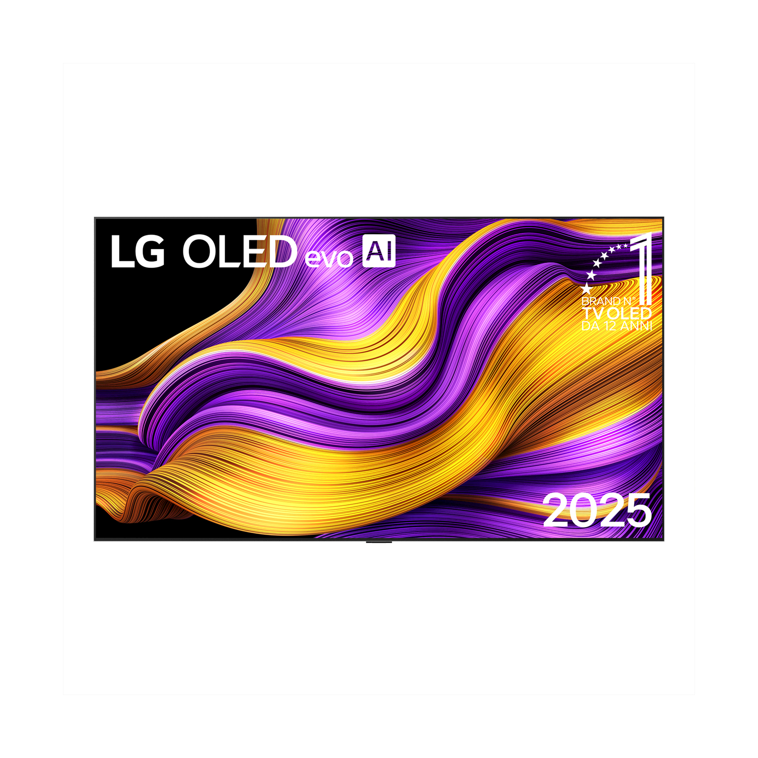 TV LG OLED evo AI. Il display mostra un'onda viola e gialla.