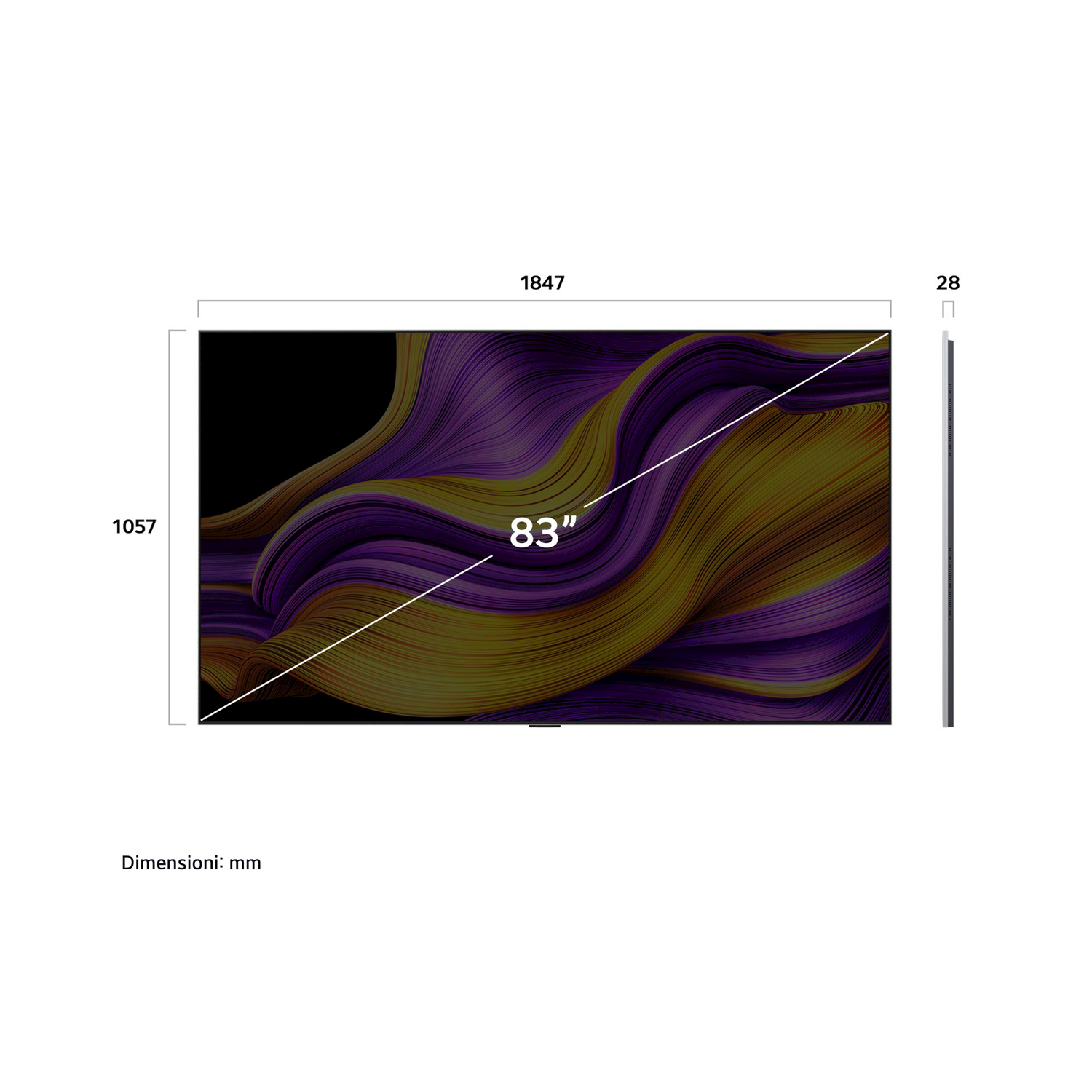 TV da 83 pollici con design a onde astratte e dimensioni su bianco.