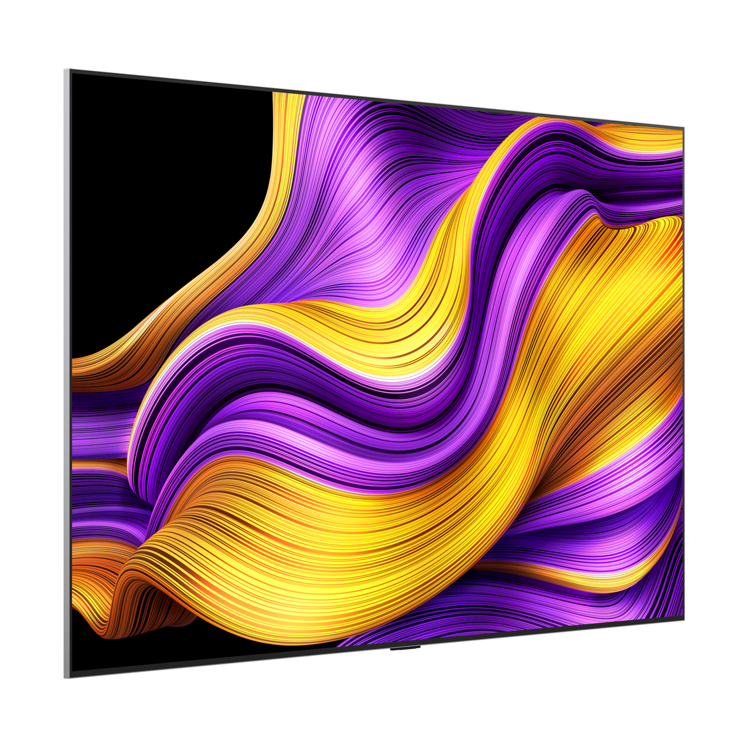Un grande schermo TV moderno che mostra un vivace design astratto con motivi a onde gialle e viola.