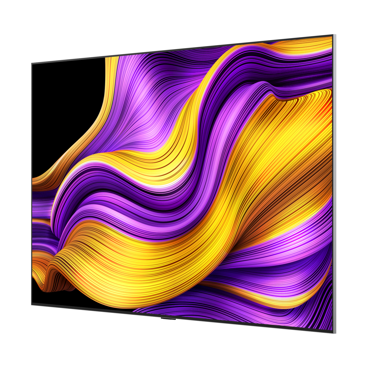 Un grande TV mostra arte astratta gialla e viola vorticosa contro una cornice nera.