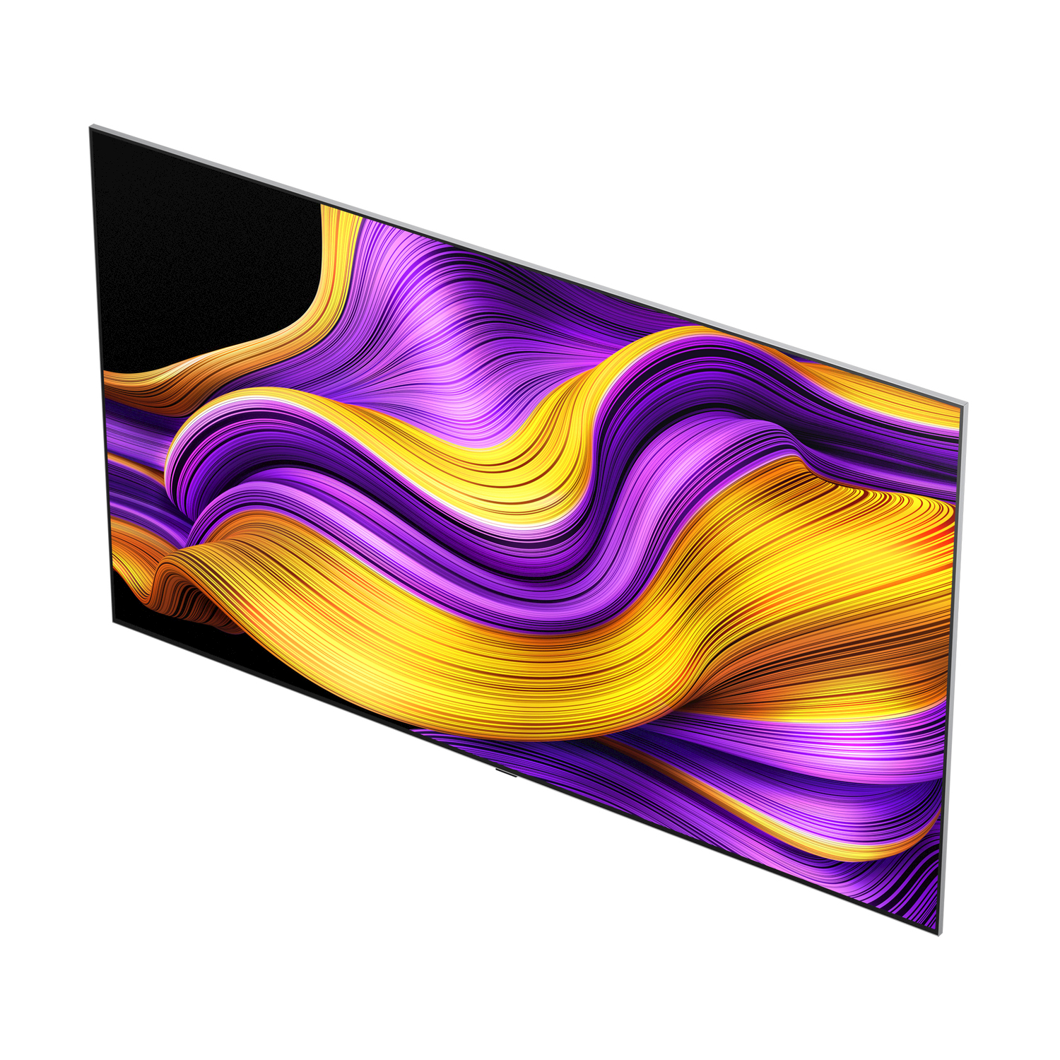 TV a schermo grande con un design colorato e vorticoso. Cornice nera.