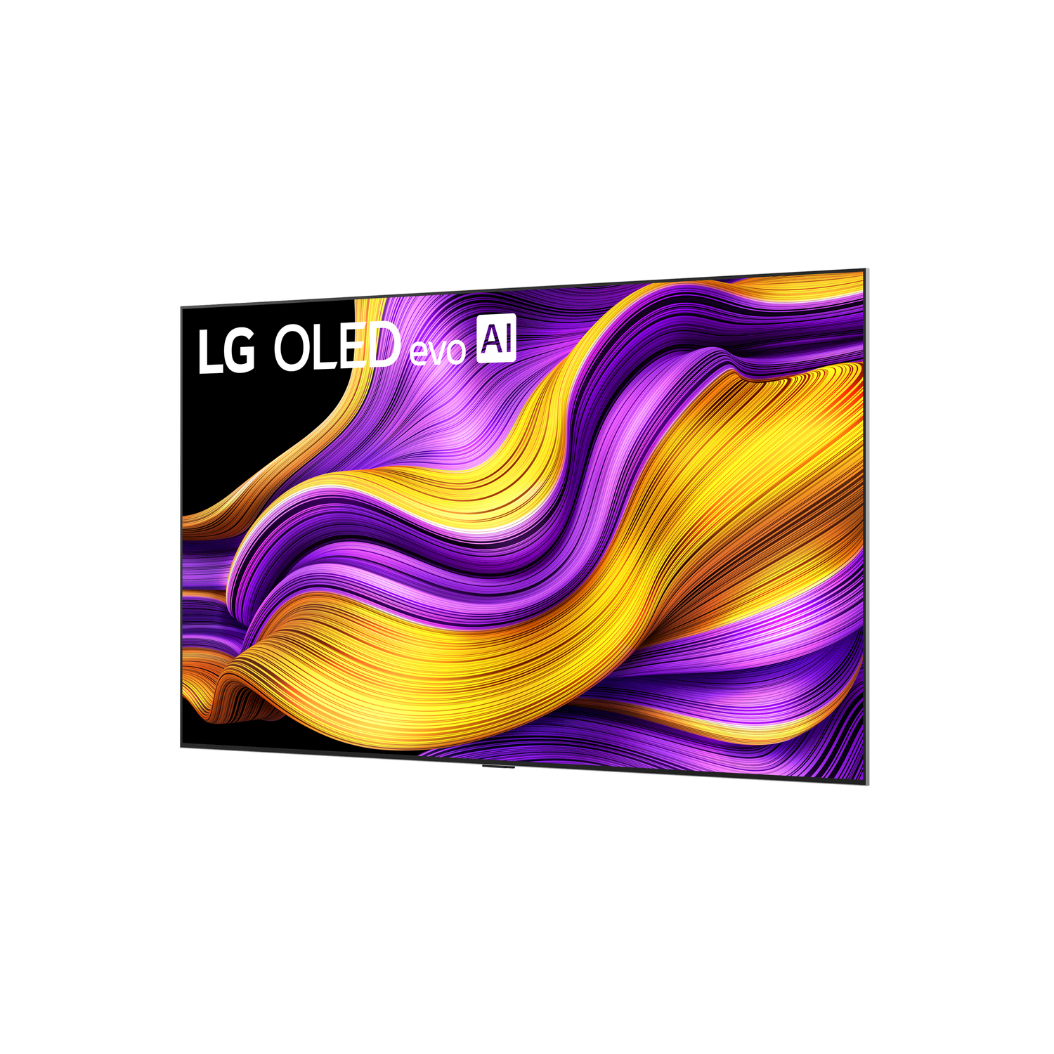 Schermo TV LG OLED evo AI con un vivace design astratto con motivi a onde gialle e viola.