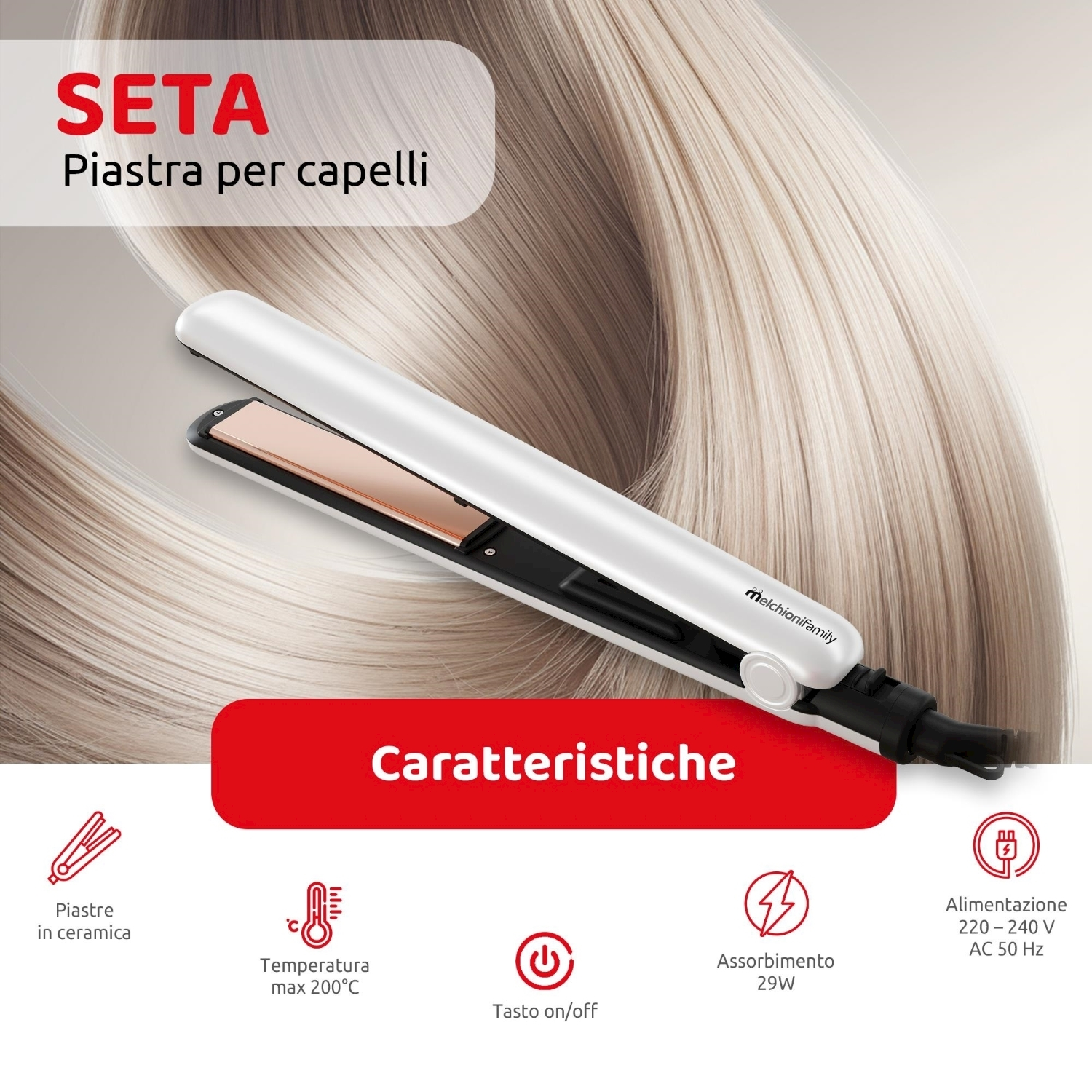 Piastra per capelli bianca e oro su una superficie bianca. Testo: SETA Piastra per capelli.