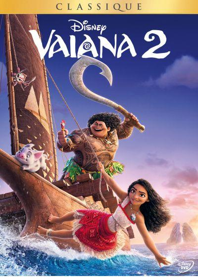 Couverture DVD Moana 2 : Personnages sur un bateau, mer bleue, fond de ciel.