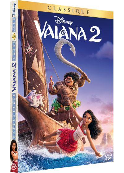 Couverture DVD de Vaiana 2 de Disney avec des personnages sur un bateau, fond océan bleu.